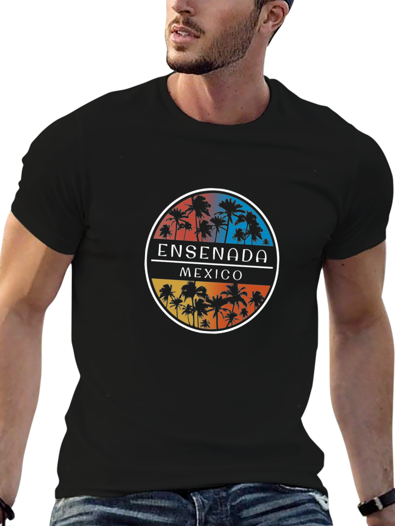 Ensenada Mexico Palm Tree Graphic Black T-Shirt