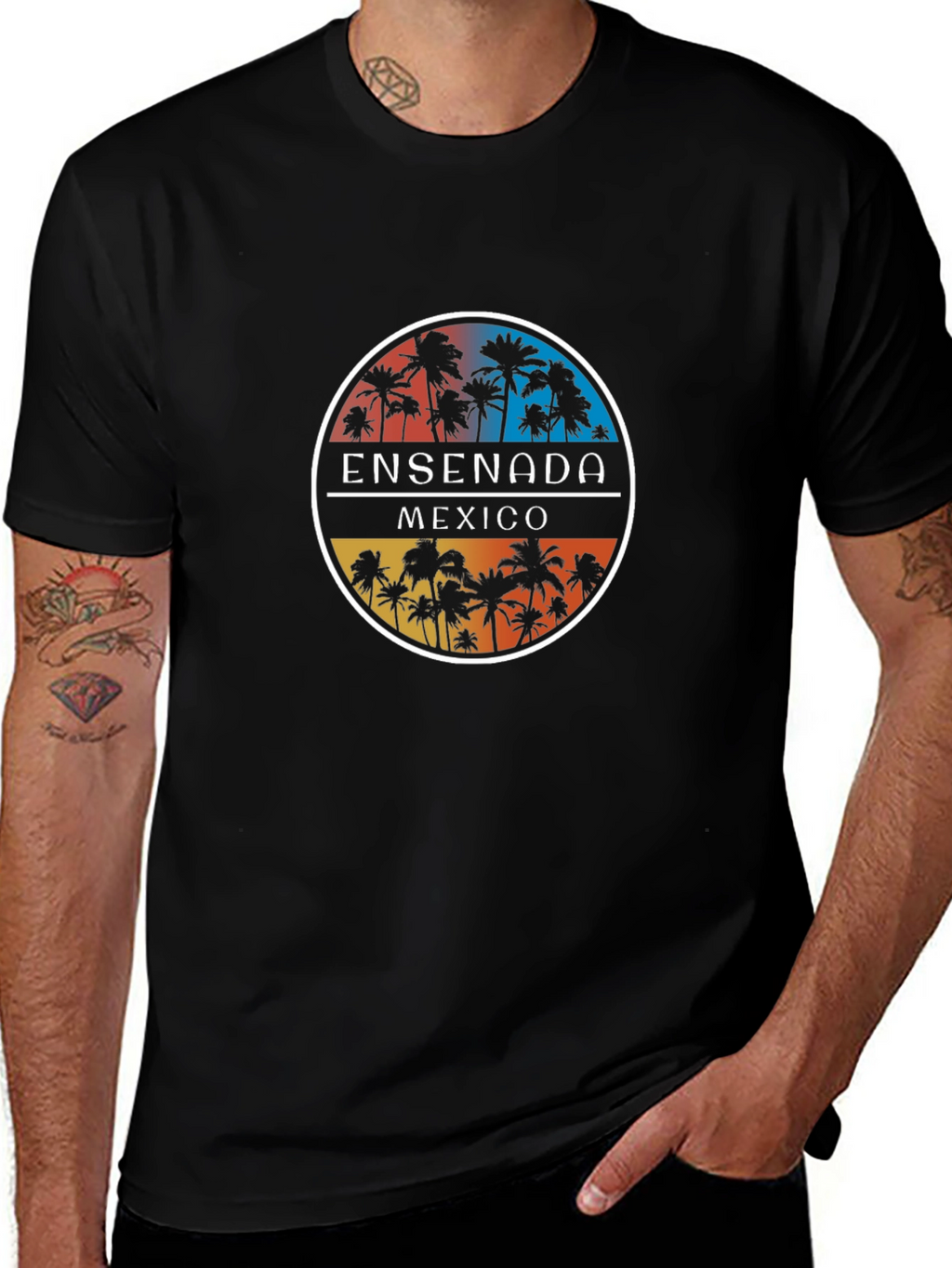 Ensenada Mexico Palm Tree Graphic Black T-Shirt