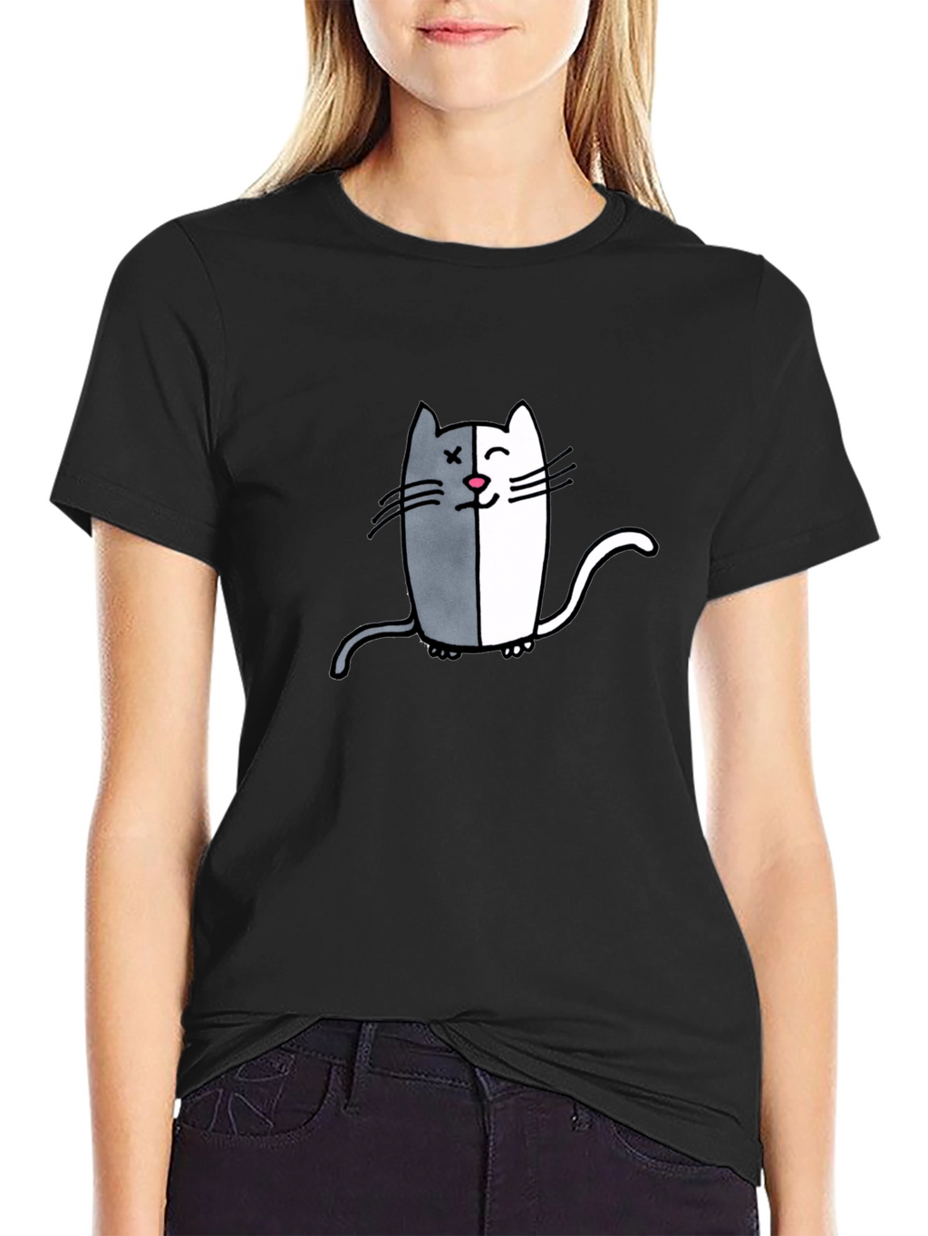 Two-Faced Cat Graphic Tee - Black