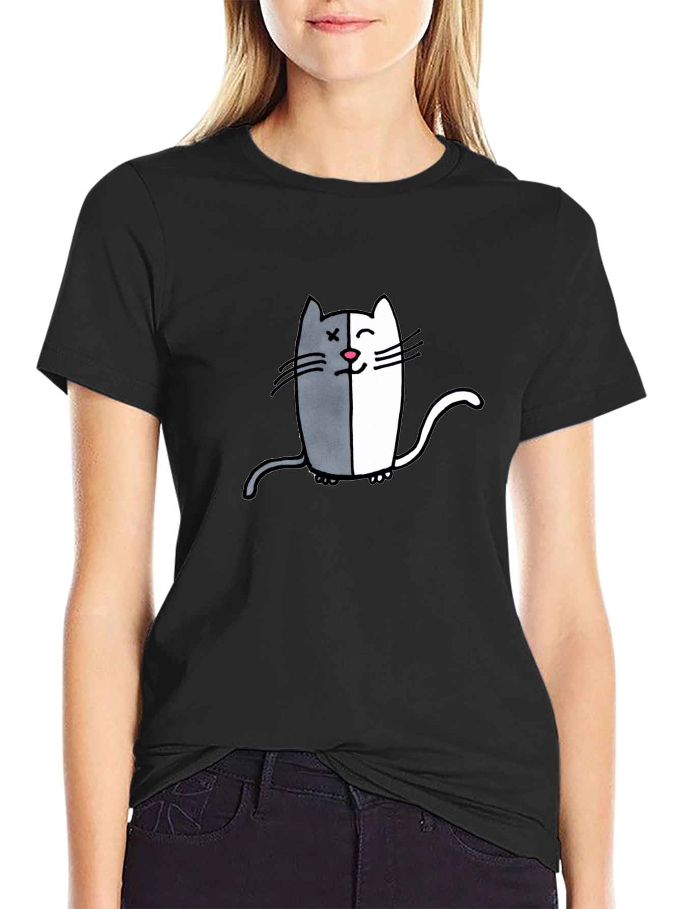 Two-Faced Cat Graphic Tee - Black