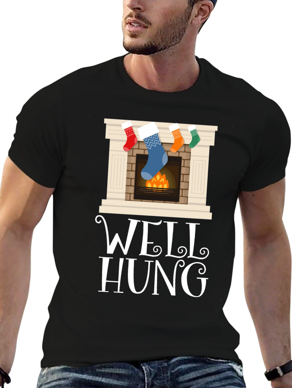 Well Hung Christmas Stocking Fireplace Funny Graphic Tee