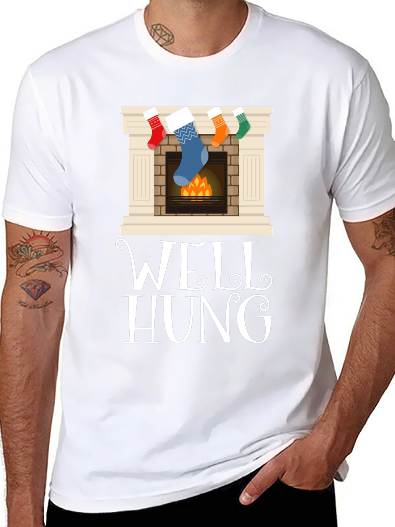 Well Hung Christmas Stocking Fireplace Funny Graphic Tee
