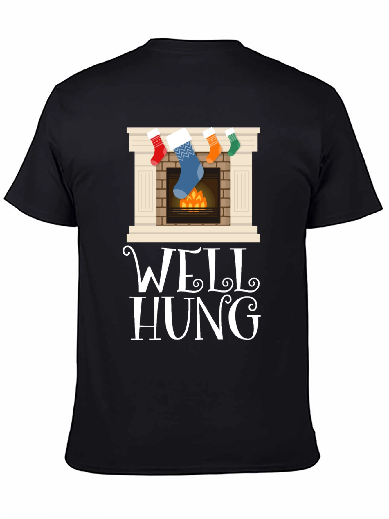 Well Hung Christmas Stocking Fireplace Funny Graphic Tee