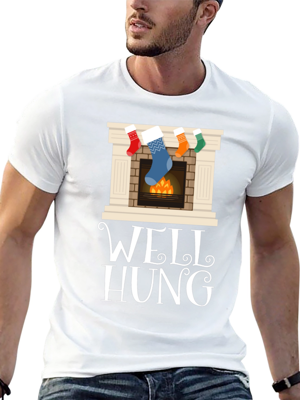 Well Hung Christmas Stocking Fireplace Funny Graphic Tee