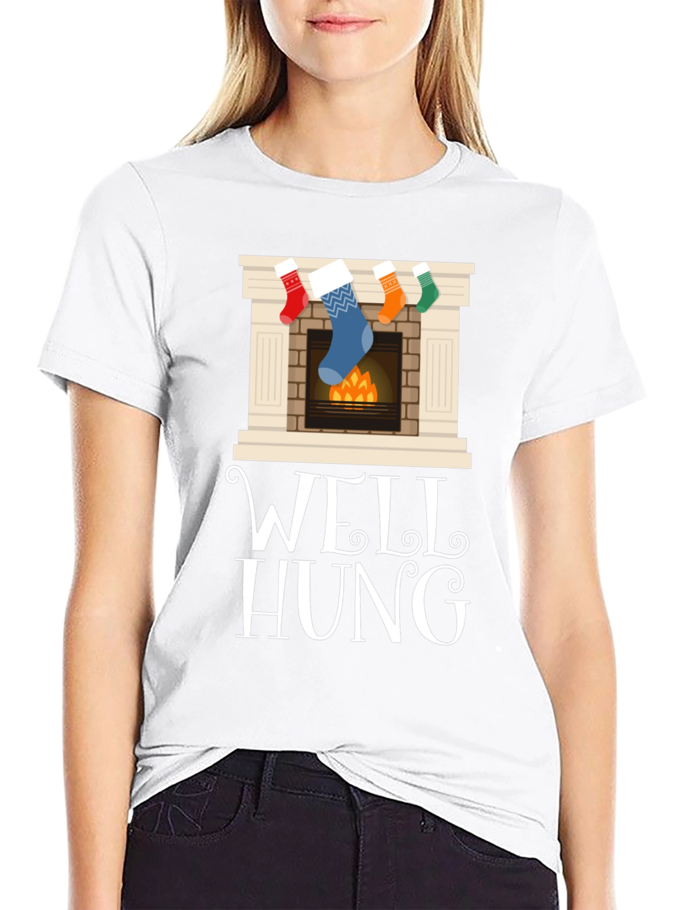 Well Hung Christmas Stocking Fireplace Funny Graphic Tee