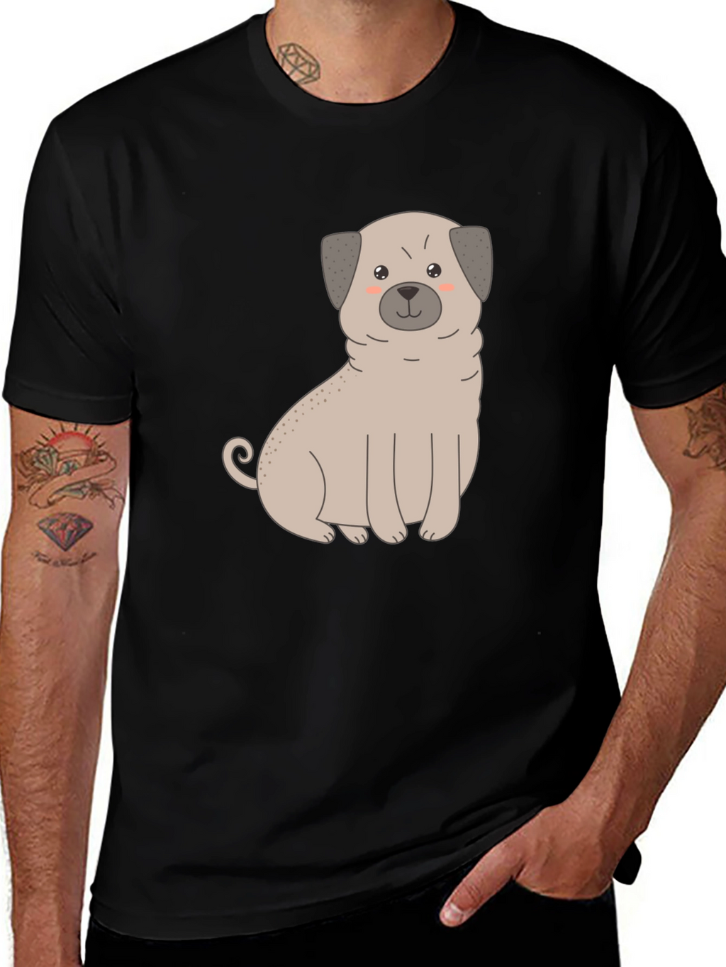 Cute Pug Dog Graphic T-Shirt - Black Cotton Blend