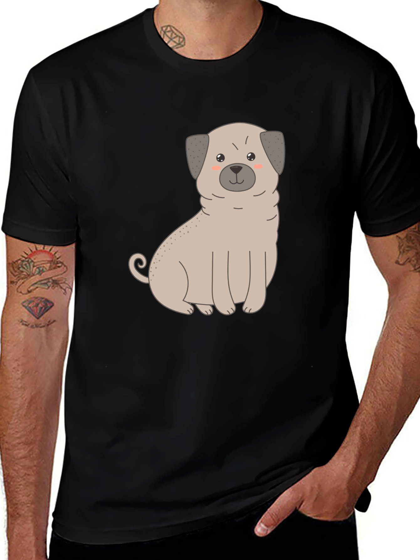 Cute Pug Dog Graphic T-Shirt - Black Cotton Blend