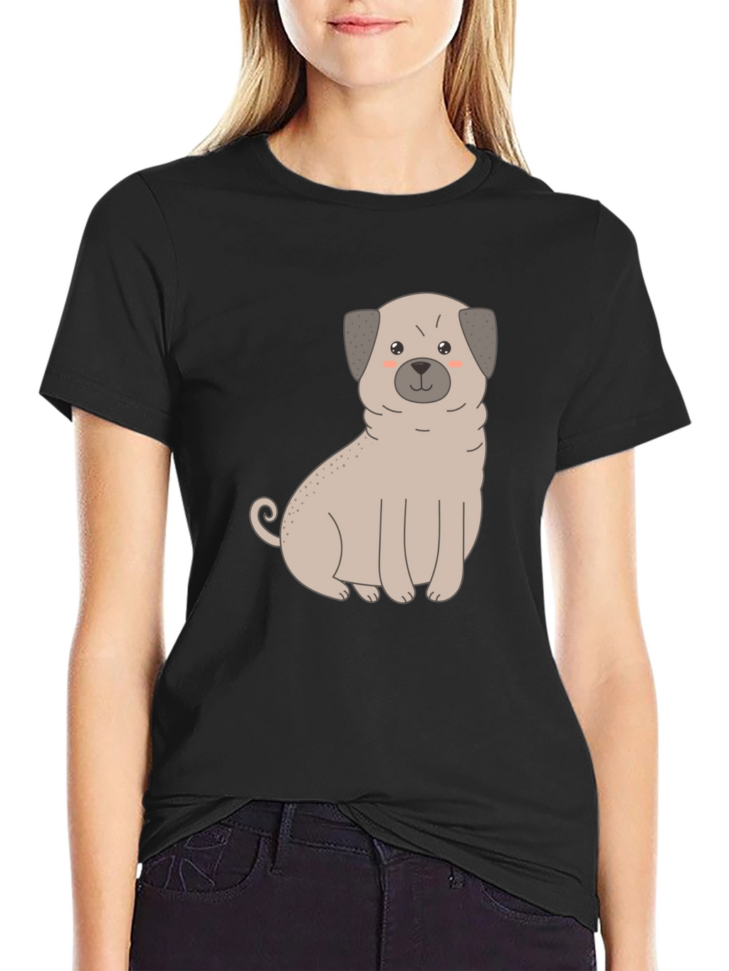 Cute Pug Dog Graphic T-Shirt - Black Cotton Blend