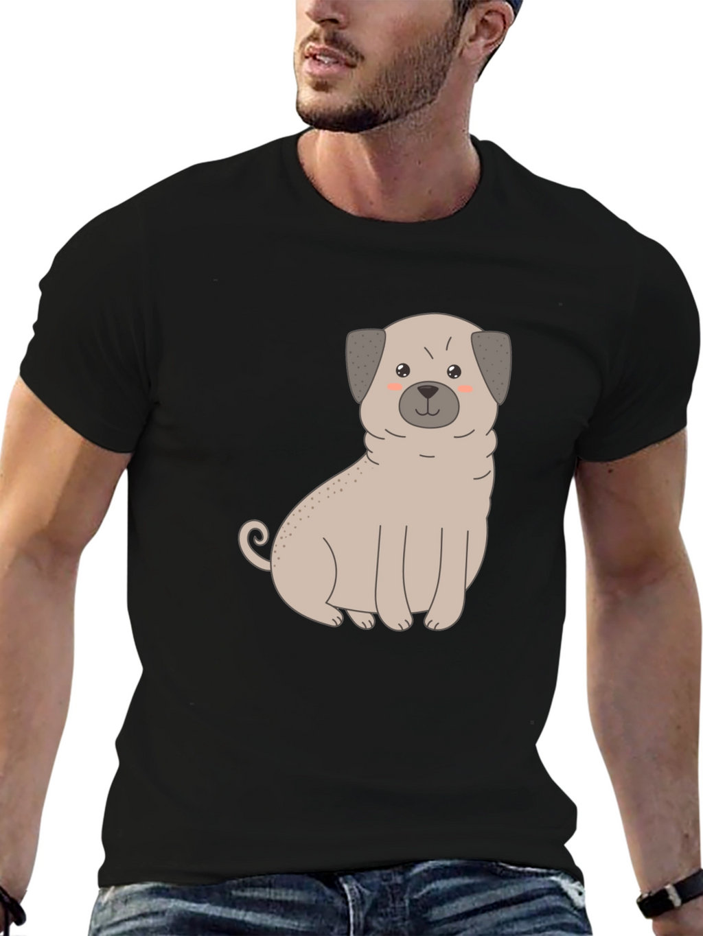 Cute Pug Dog Graphic T-Shirt - Black Cotton Blend