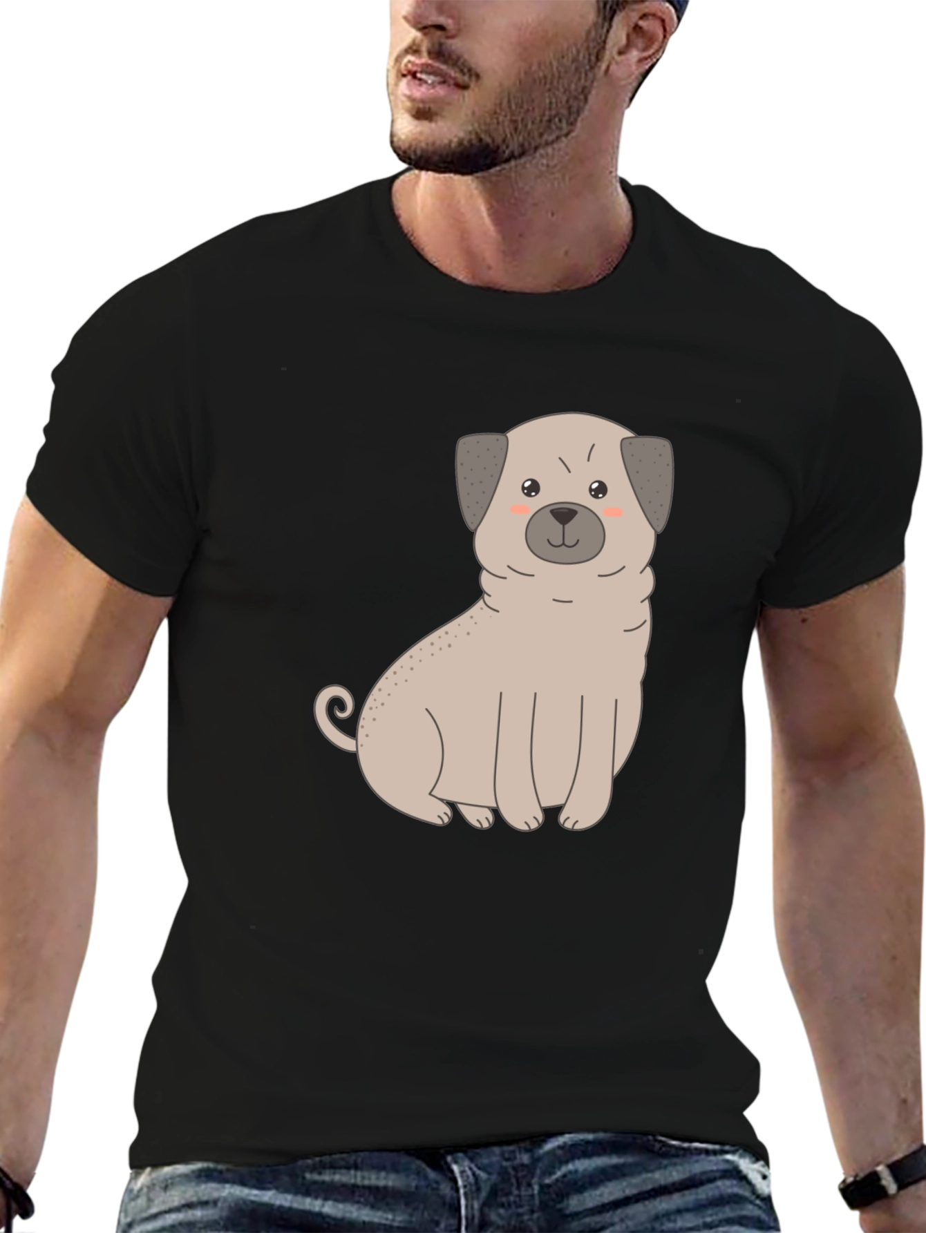 Cute Pug Dog Graphic T-Shirt - Black Cotton Blend