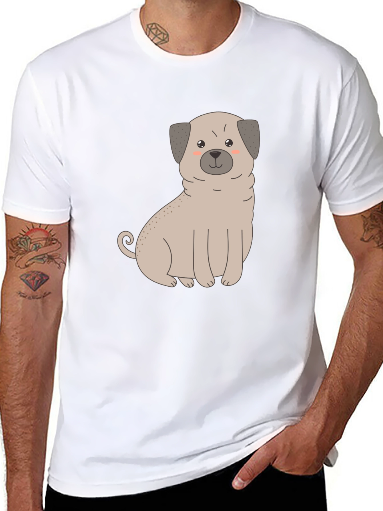 Cute Pug Dog Graphic T-Shirt - Black Cotton Blend