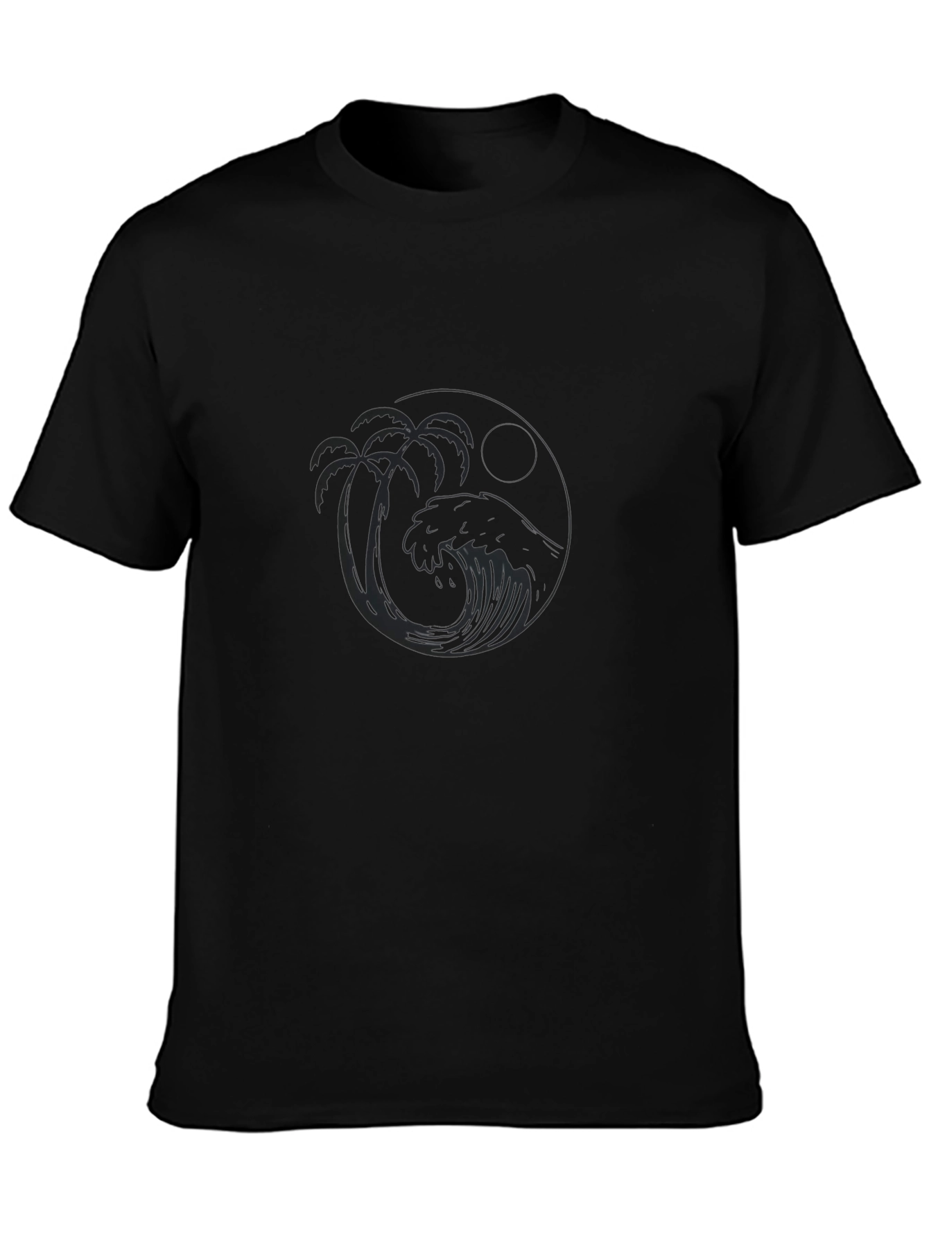 Black T-Shirt with Tropical Wave Design