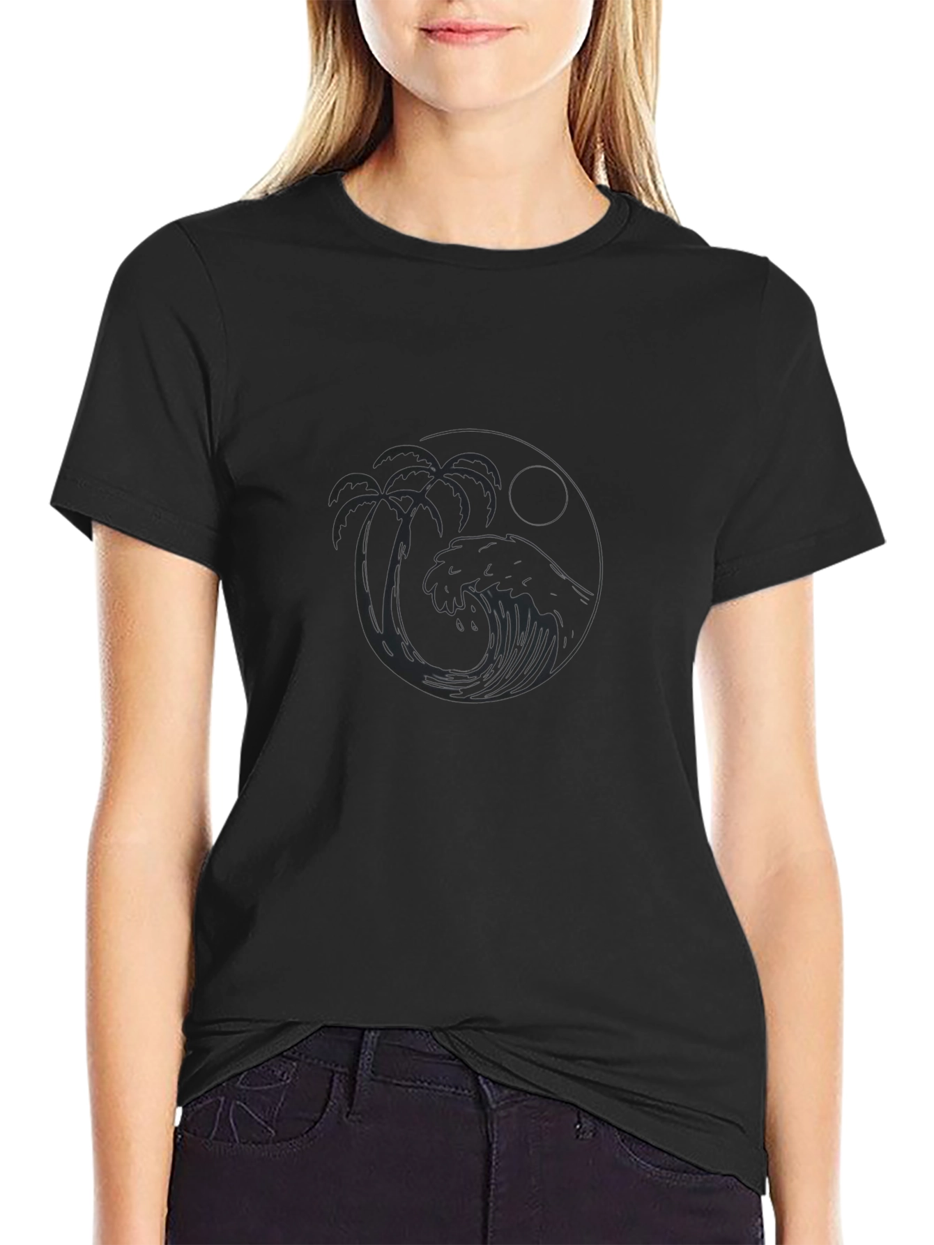 Black T-Shirt with Tropical Wave Design