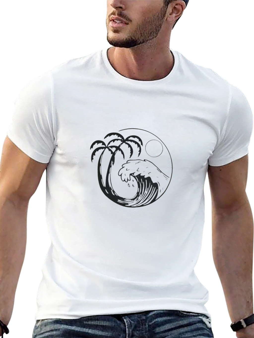 Black T-Shirt with Tropical Wave Design