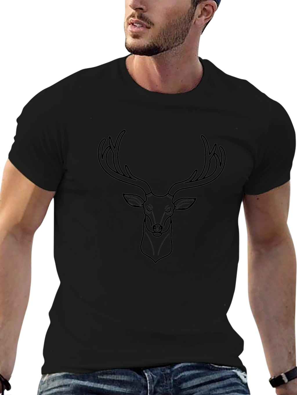 Mens Black T-Shirt with Deer Graphic