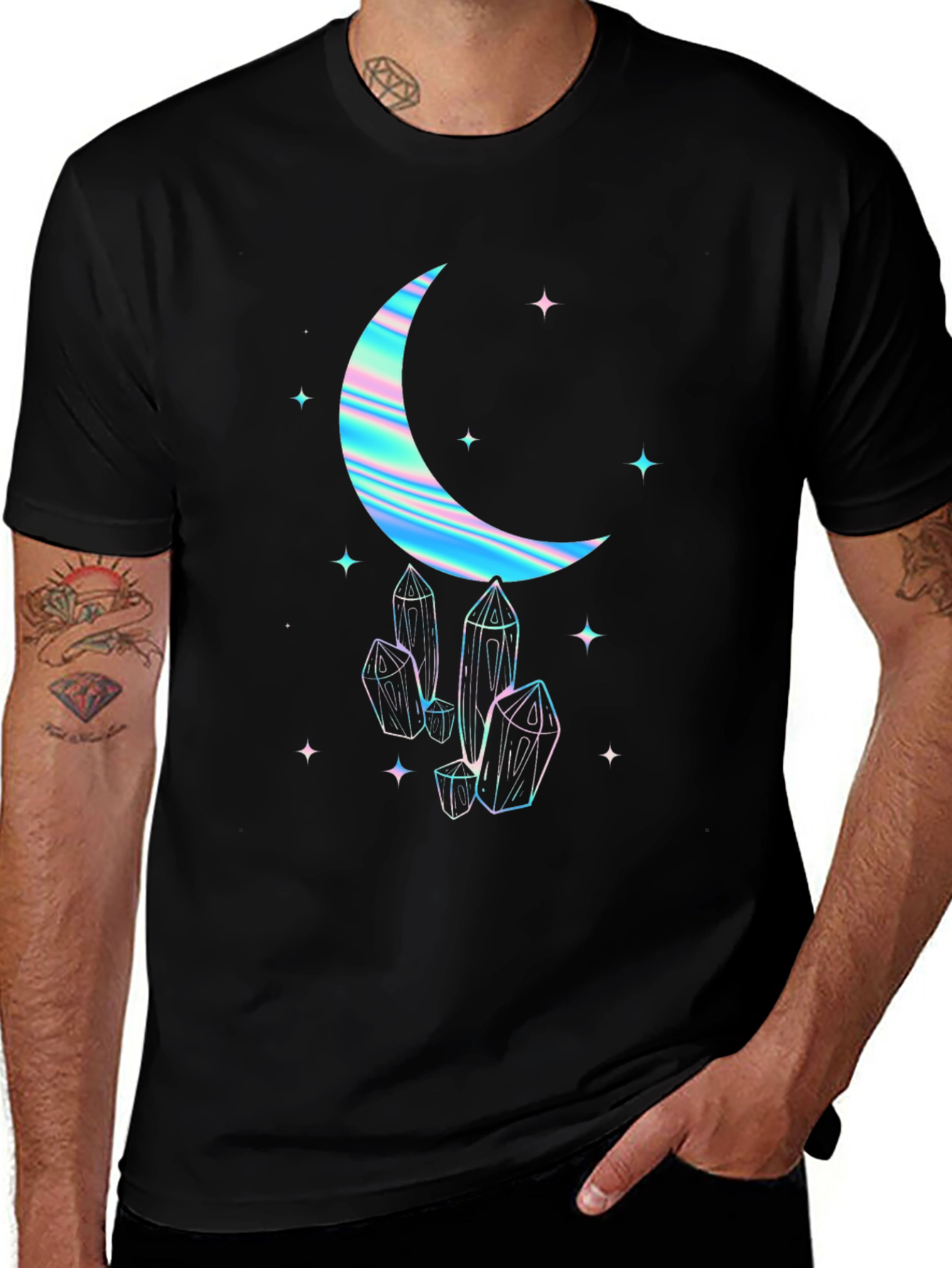 Crescent Moon & Crystal Graphic Tee - Black
