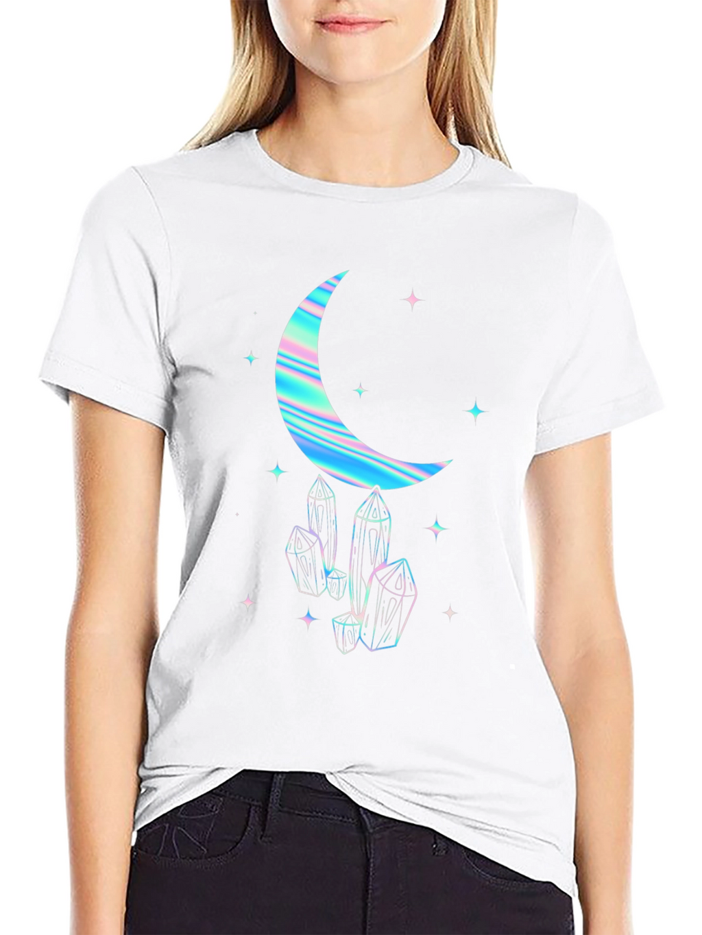 Crescent Moon & Crystal Graphic Tee - Black