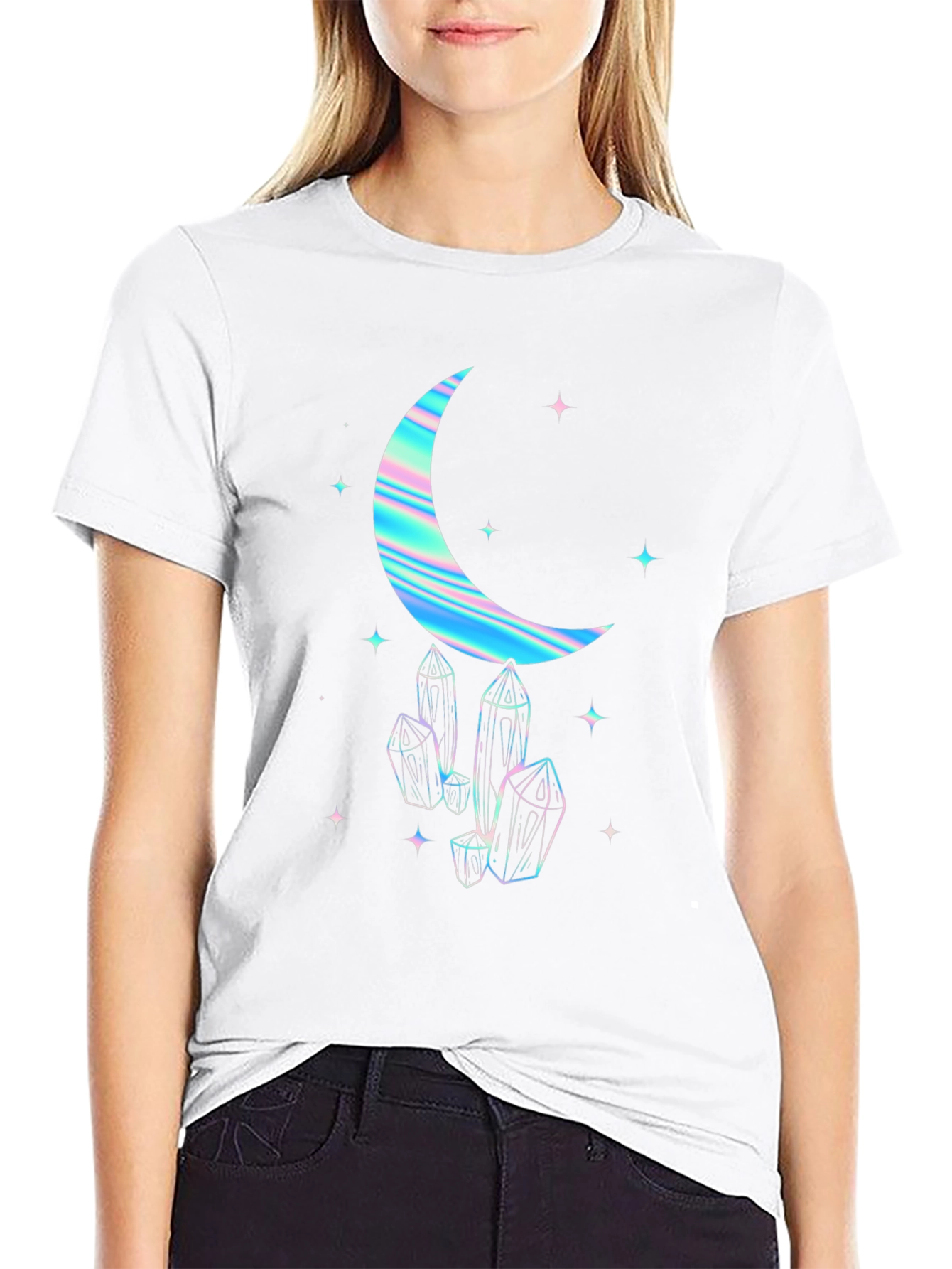 Crescent Moon & Crystal Graphic Tee - Black