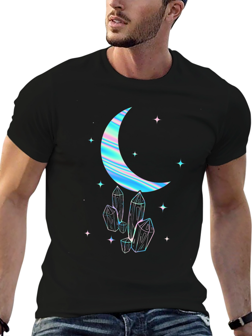 Crescent Moon & Crystal Graphic Tee - Black