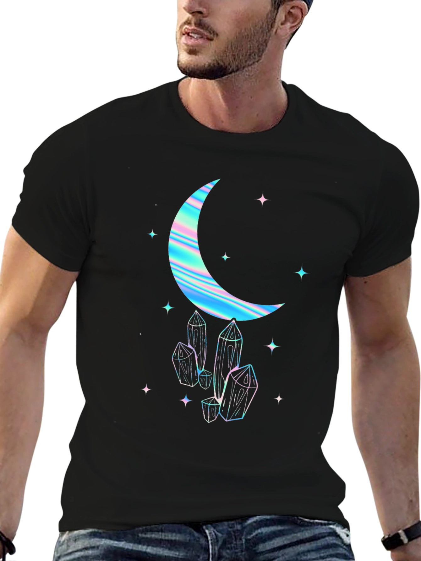 Crescent Moon & Crystal Graphic Tee - Black