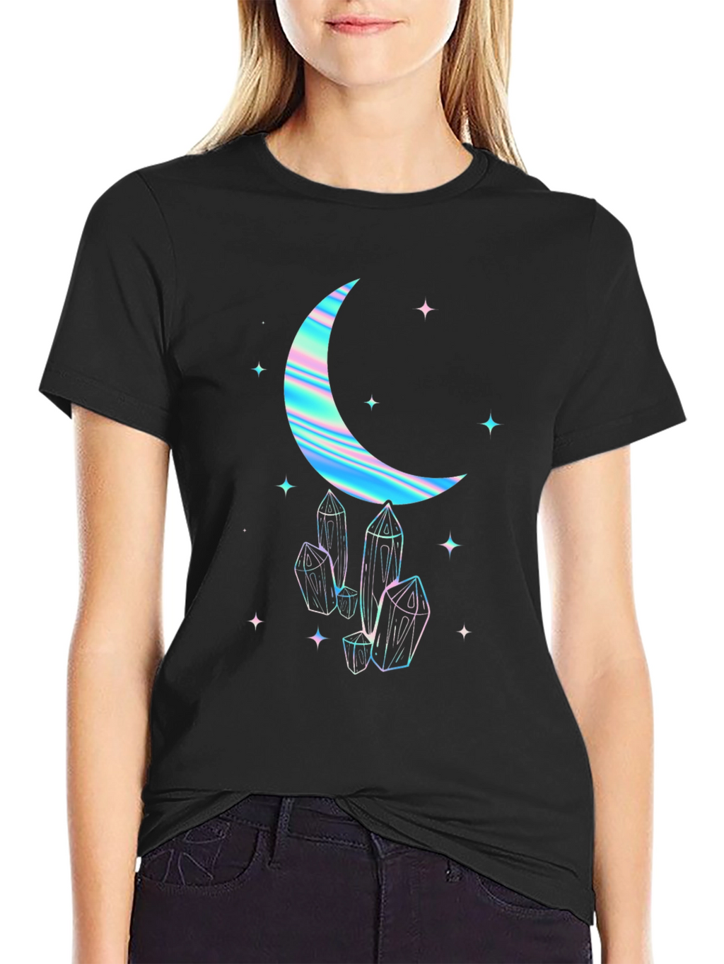 Crescent Moon & Crystal Graphic Tee - Black