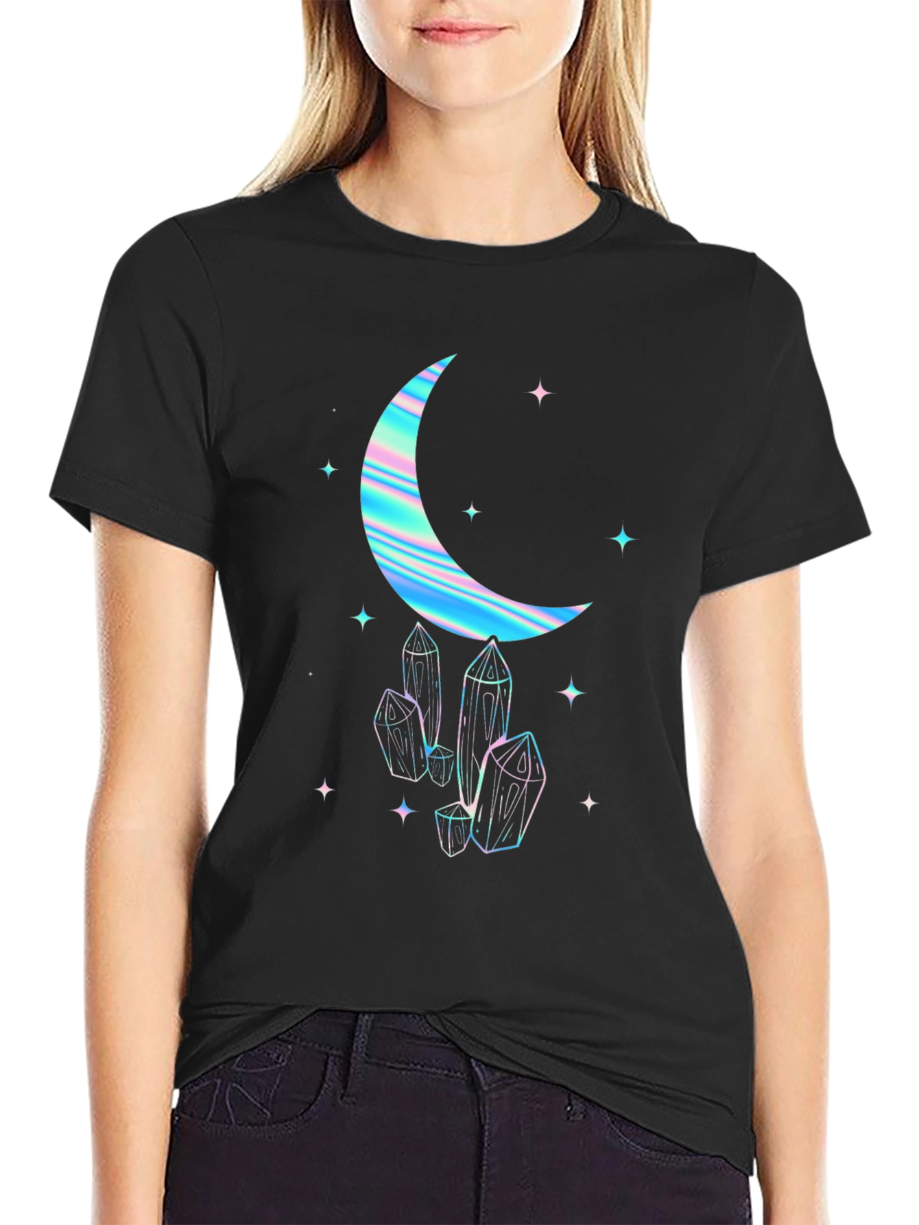 Crescent Moon & Crystal Graphic Tee - Black