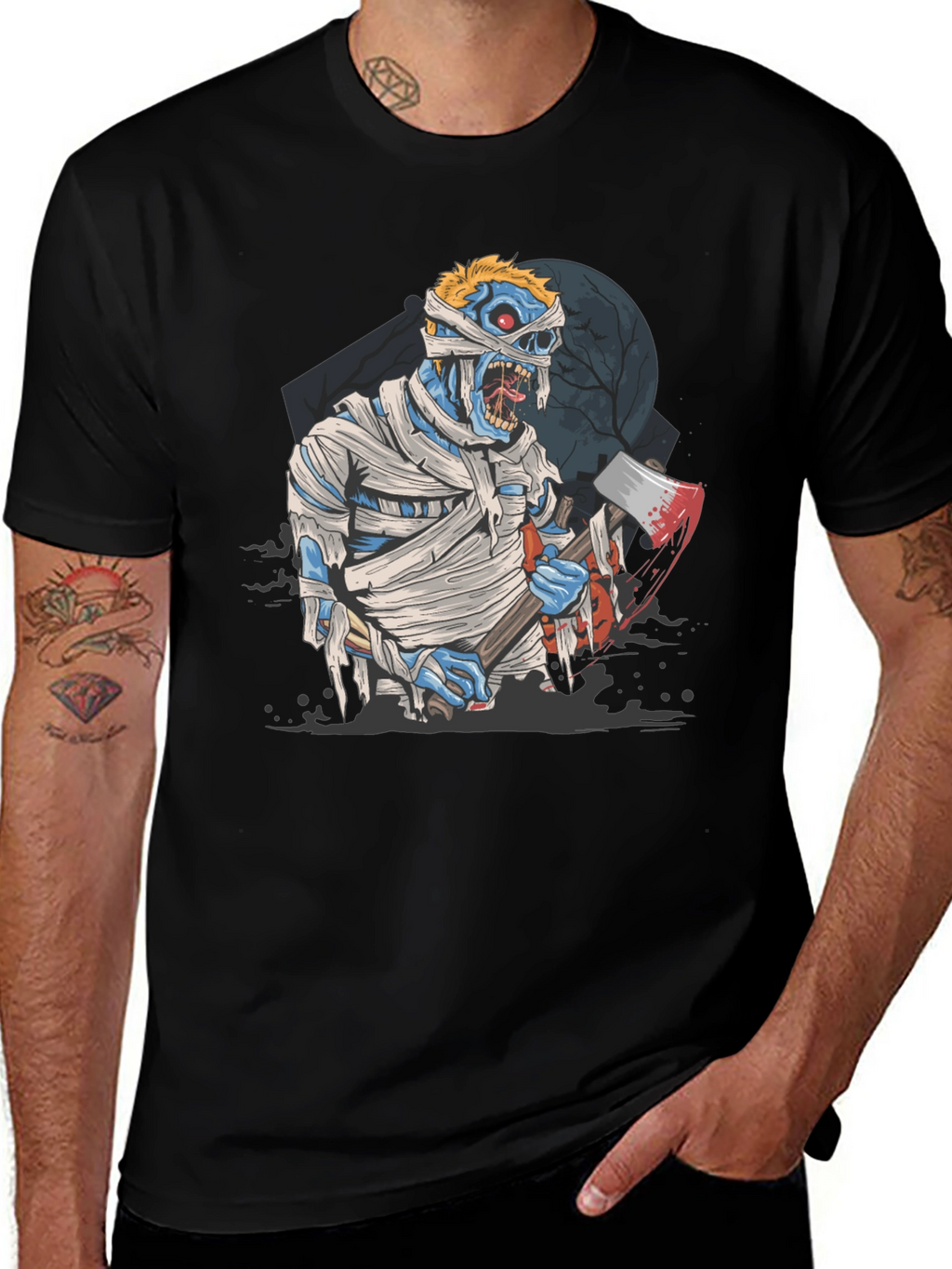 Zombie Mummy Axe Halloween Graphic Tee - Black