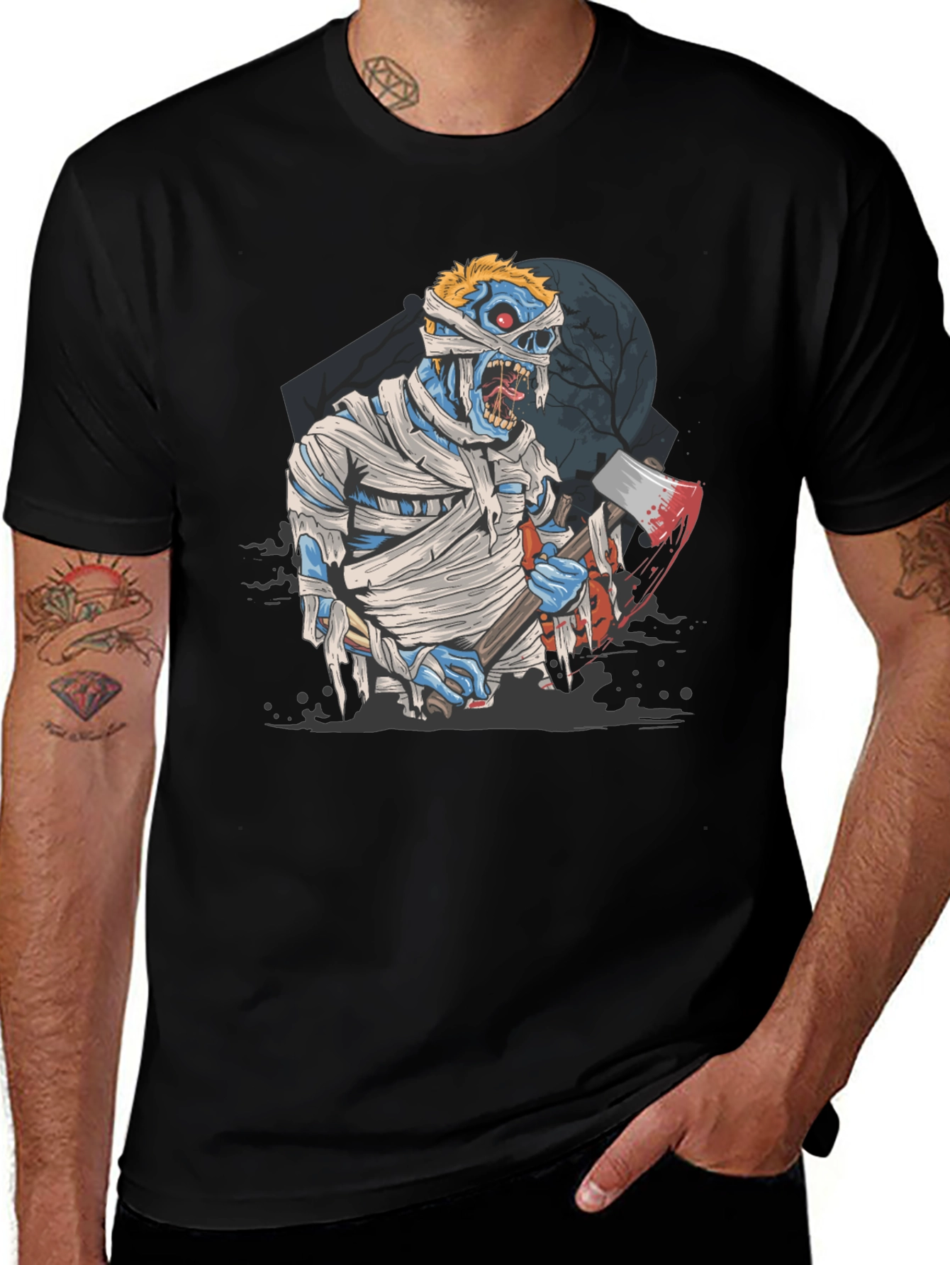 Zombie Mummy Axe Halloween Graphic Tee - Black