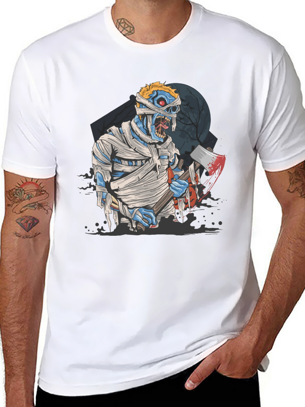 Zombie Mummy Axe Halloween Graphic Tee - Black