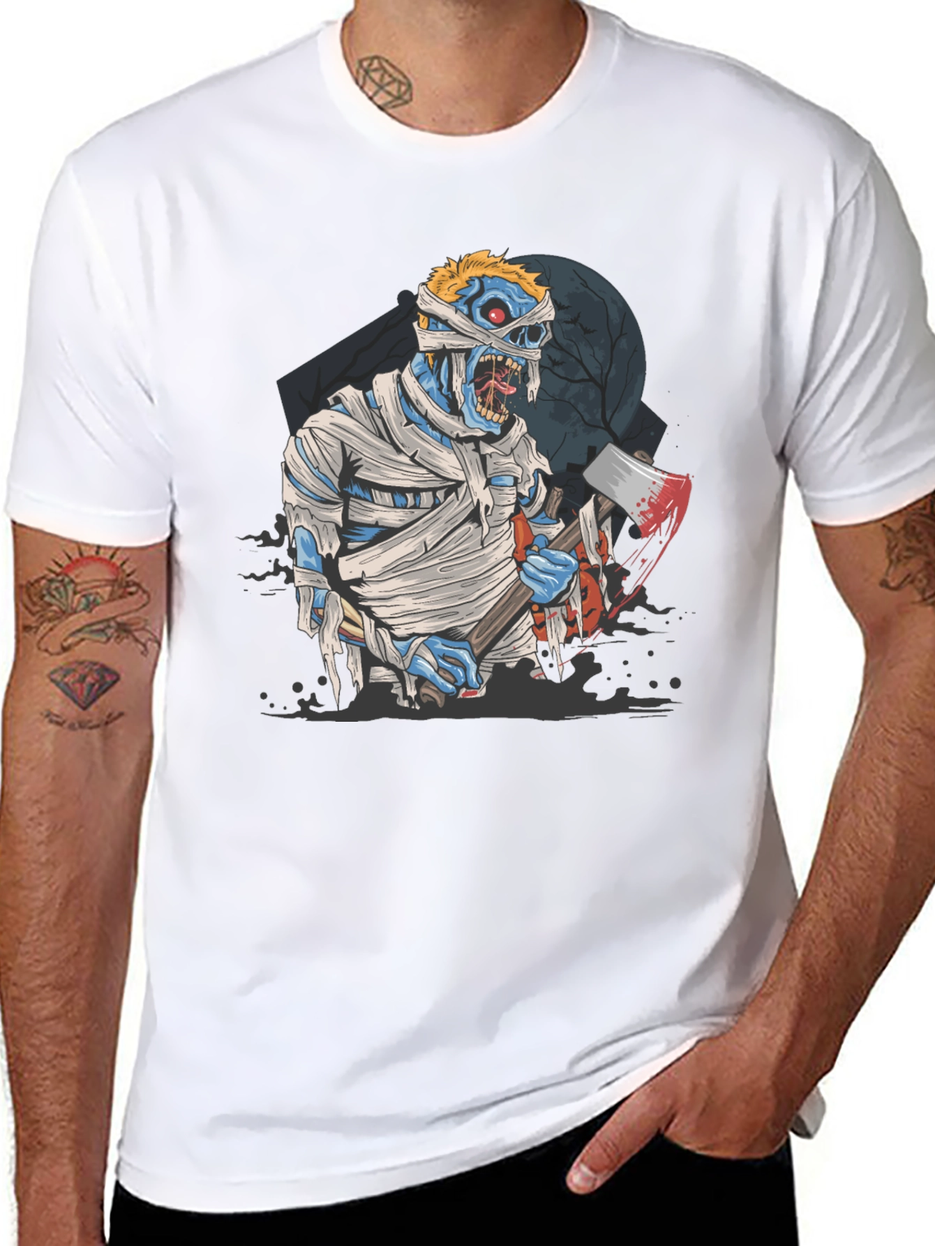 Zombie Mummy Axe Halloween Graphic Tee - Black
