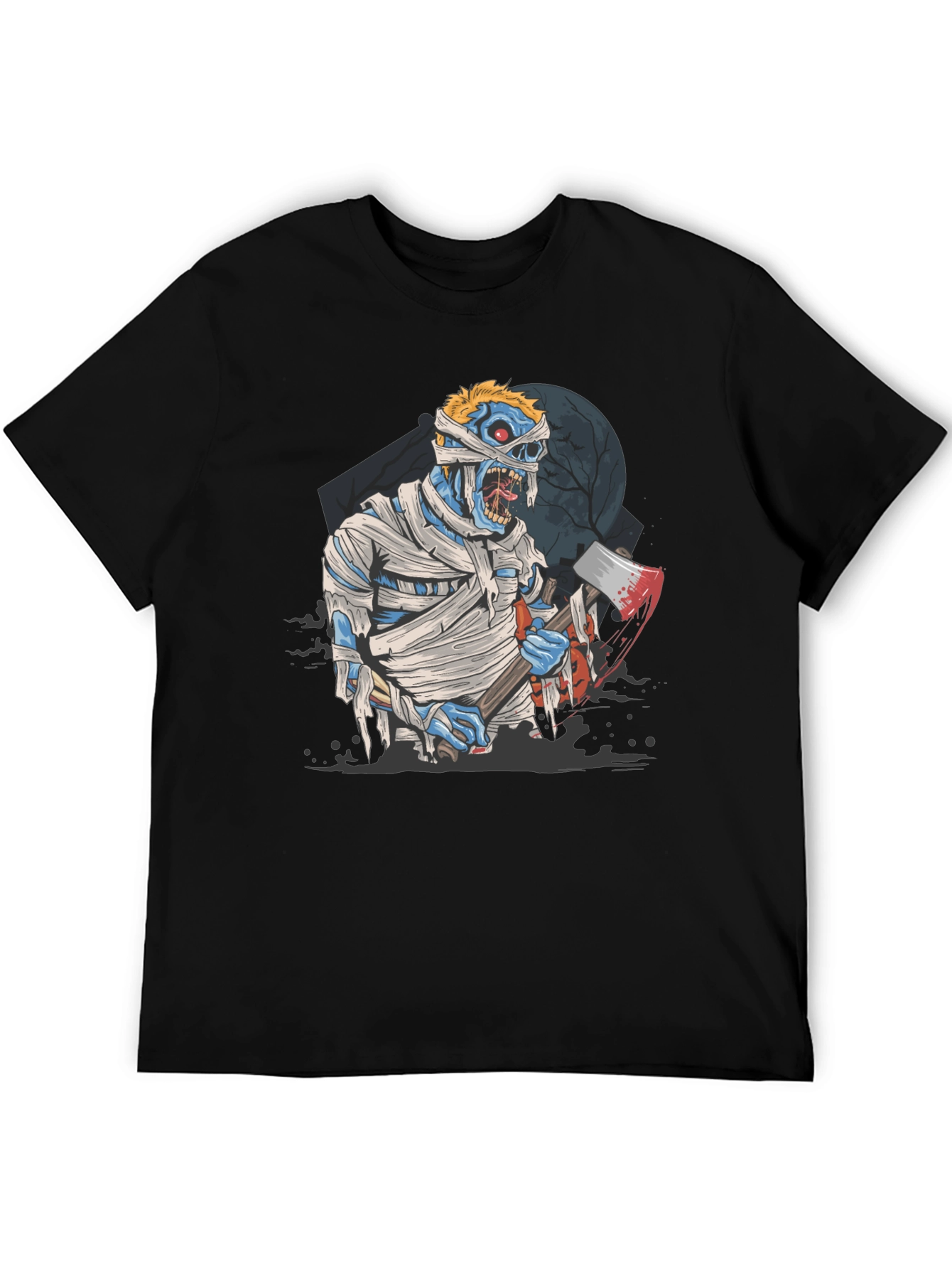 Zombie Mummy Axe Halloween Graphic Tee - Black