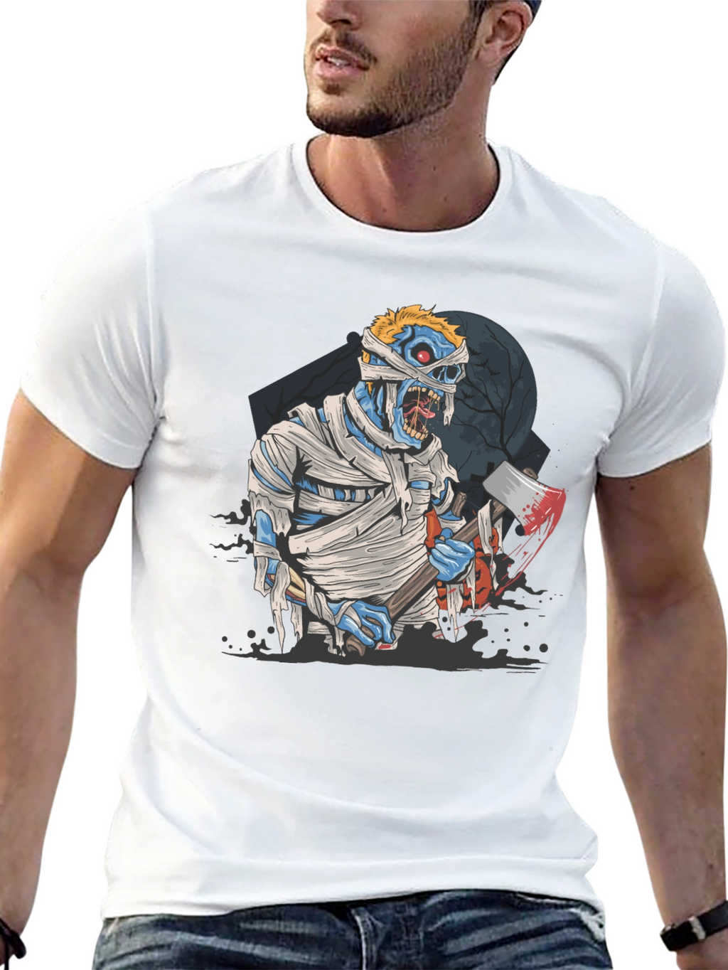 Zombie Mummy Axe Halloween Graphic Tee - Black