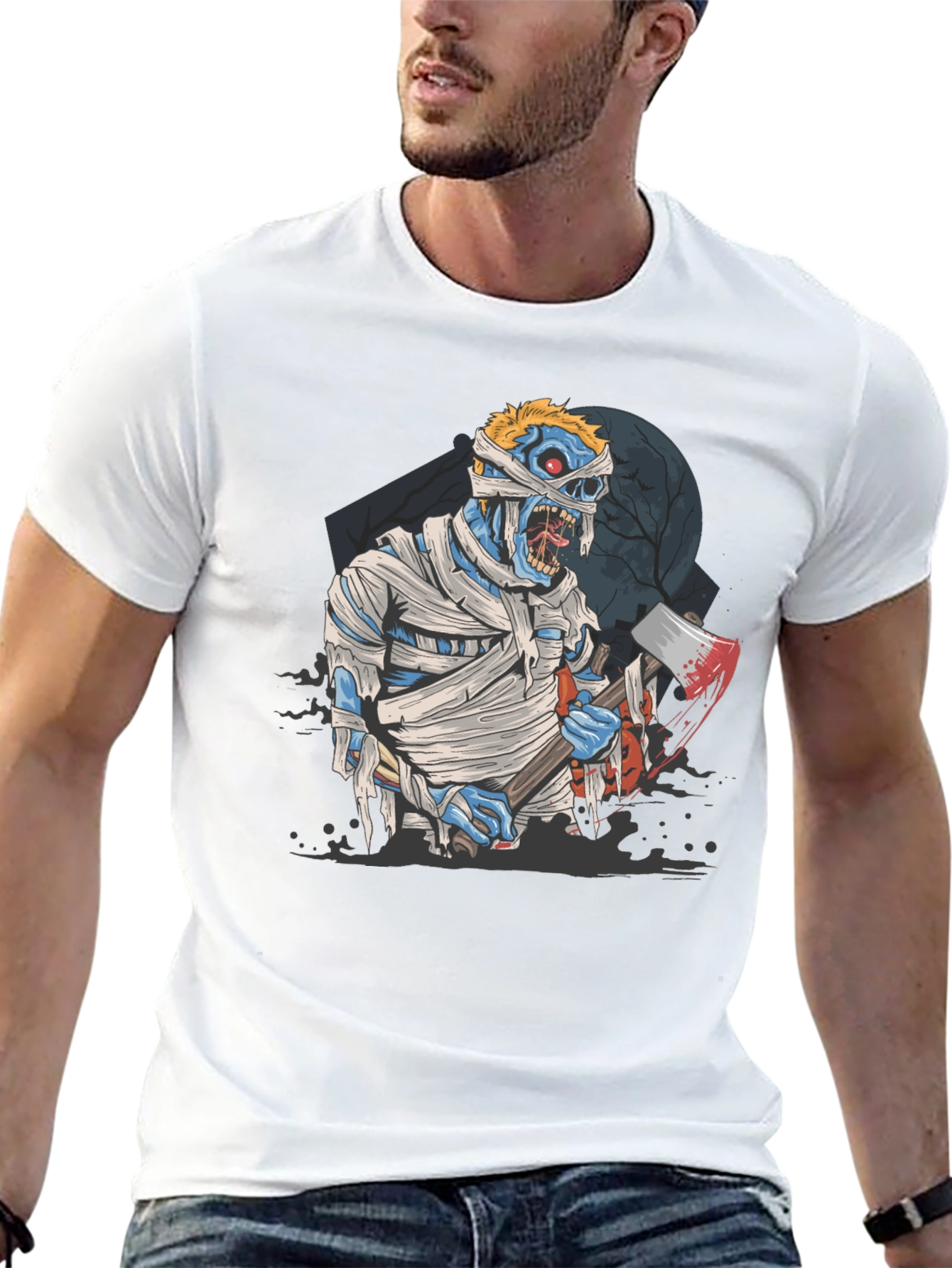 Zombie Mummy Axe Halloween Graphic Tee - Black