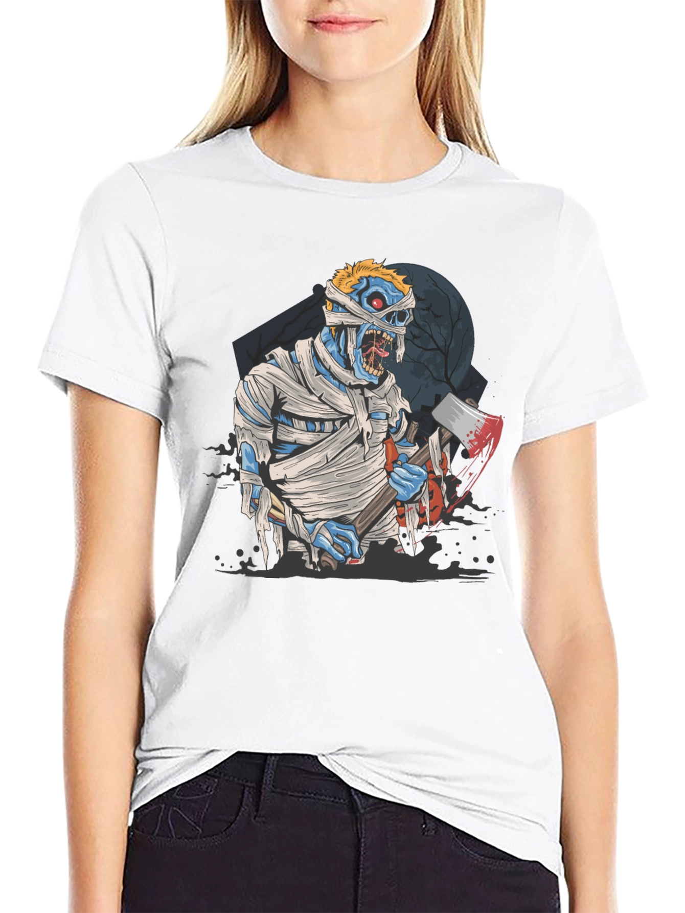 Zombie Mummy Axe Halloween Graphic Tee - Black