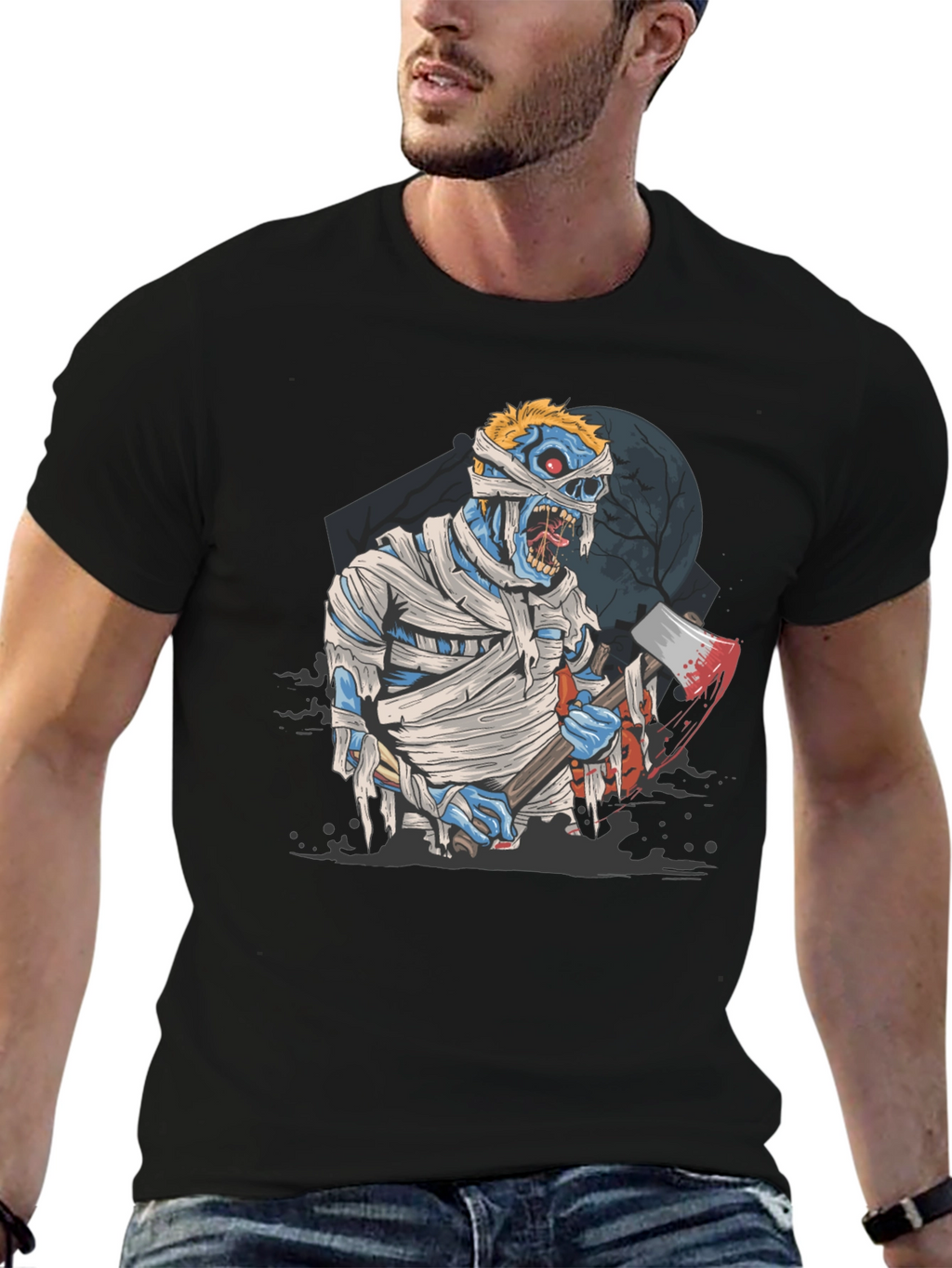 Zombie Mummy Axe Halloween Graphic Tee - Black