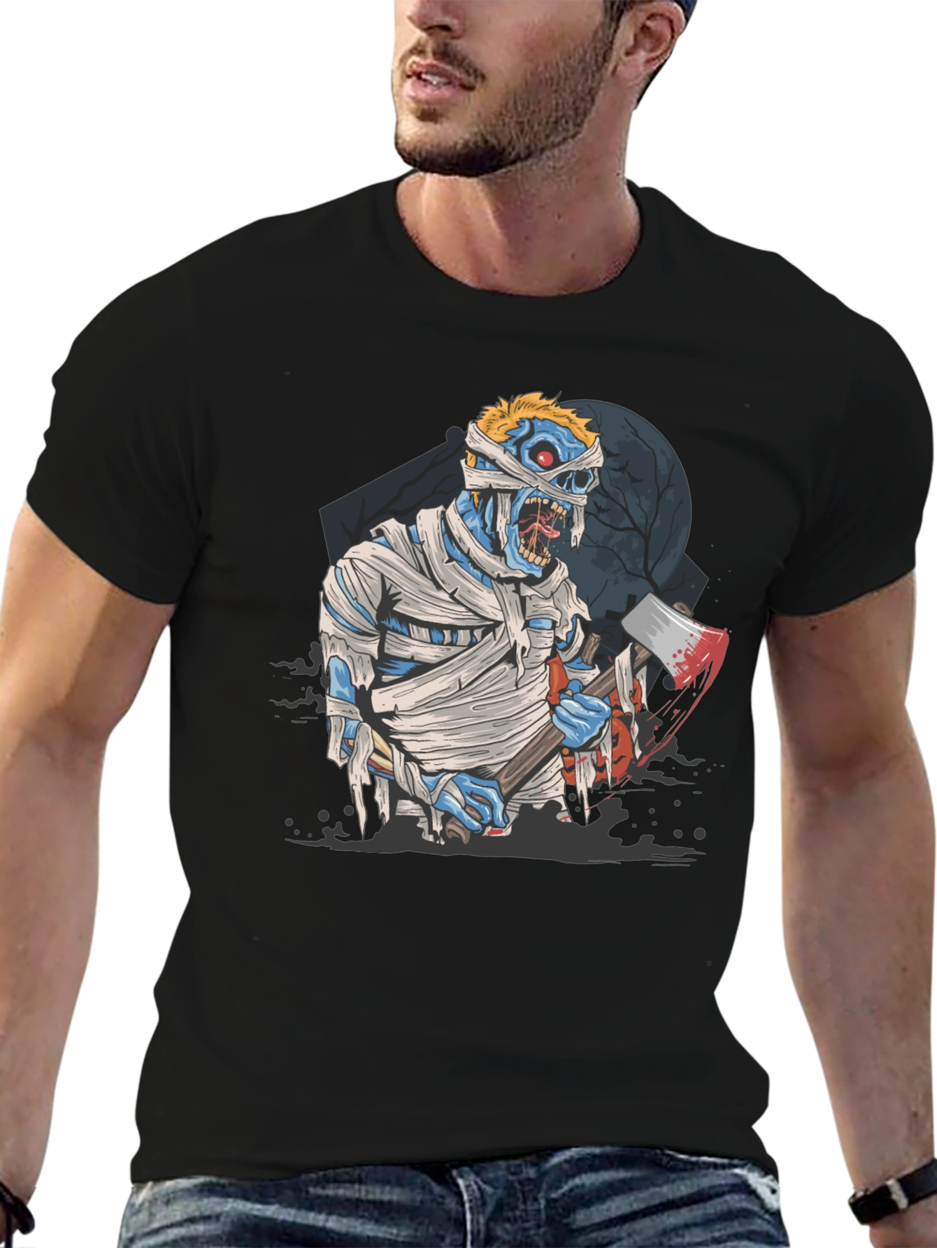 Zombie Mummy Axe Halloween Graphic Tee - Black