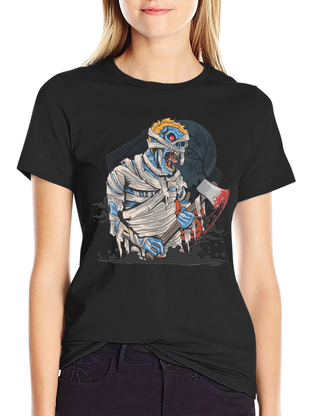 Zombie Mummy Axe Halloween Graphic Tee - Black