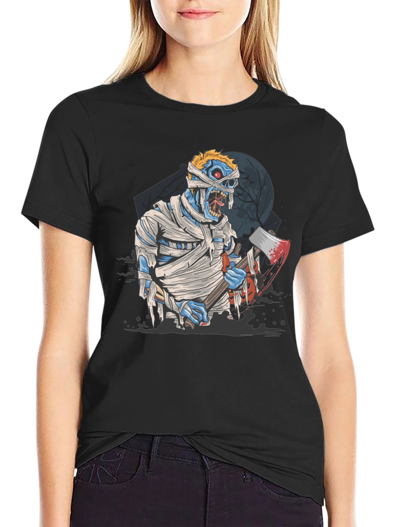 Zombie Mummy Axe Halloween Graphic Tee - Black