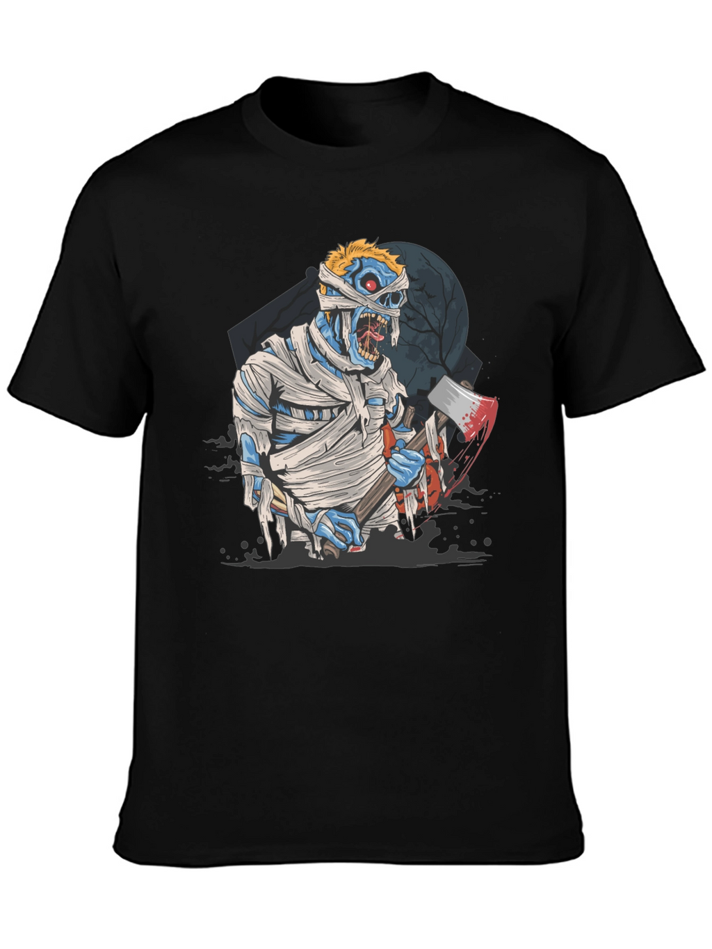 Zombie Mummy Axe Halloween Graphic Tee - Black
