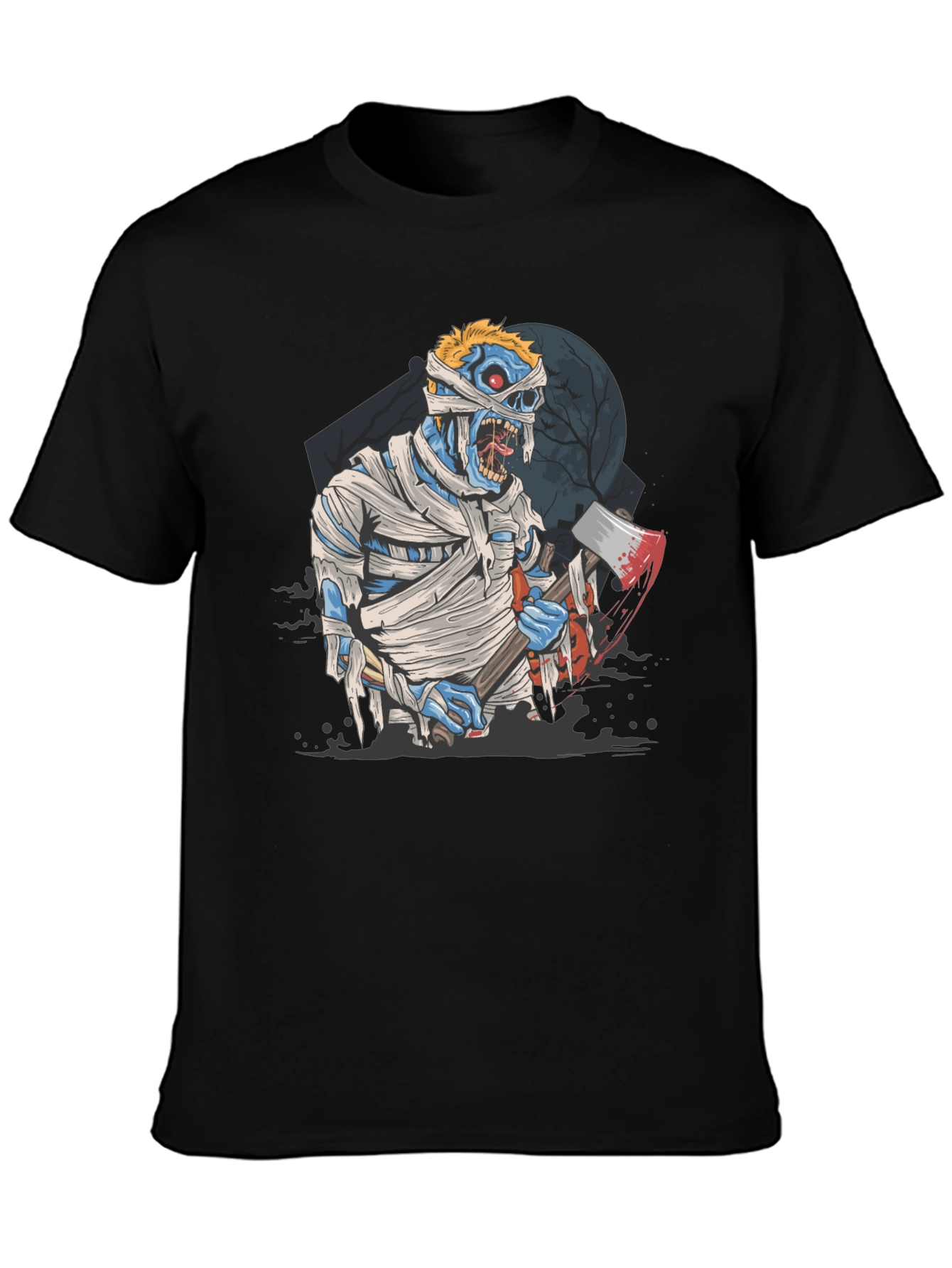 Zombie Mummy Axe Halloween Graphic Tee - Black