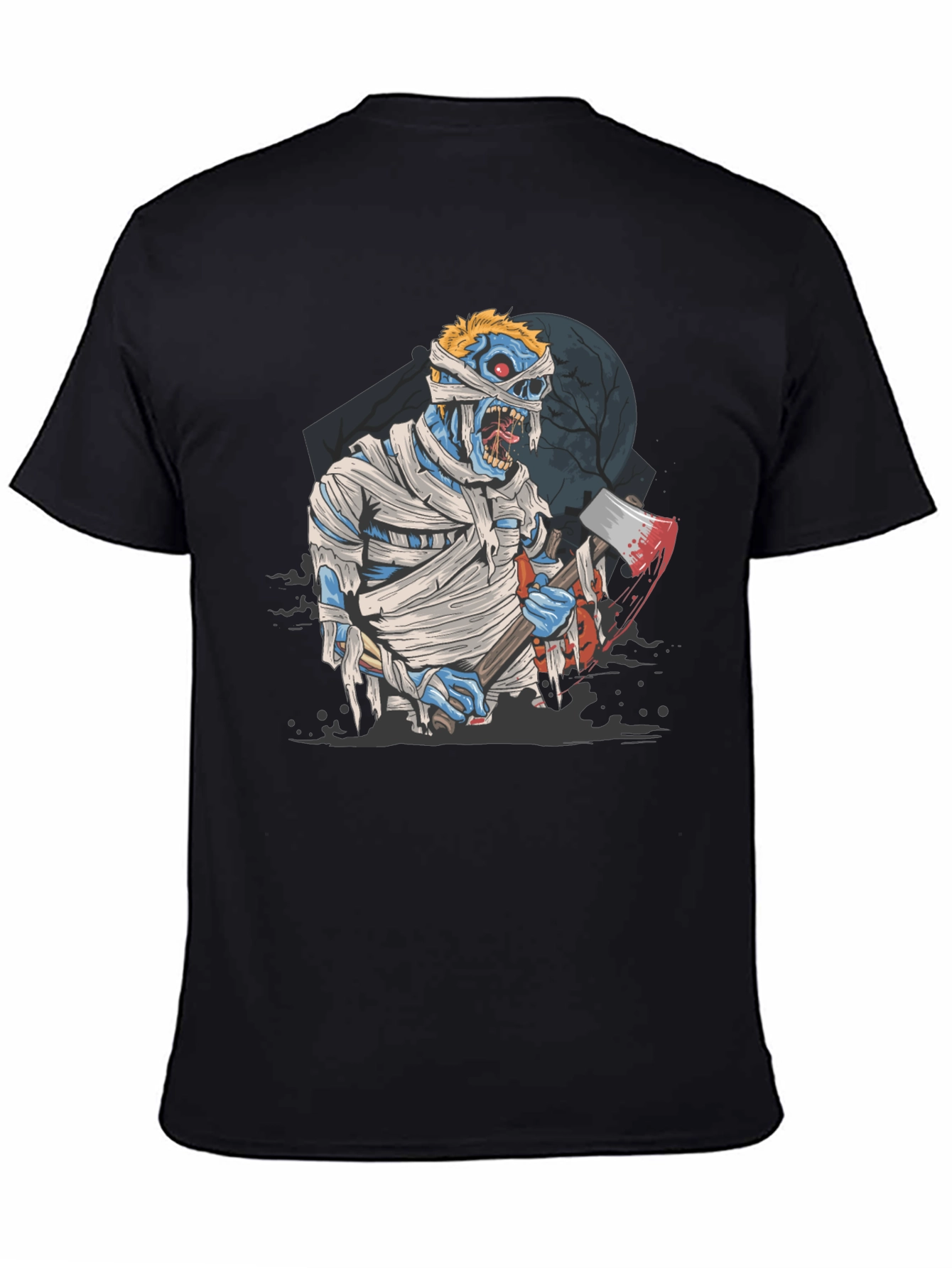 Zombie Mummy Axe Halloween Graphic Tee - Black