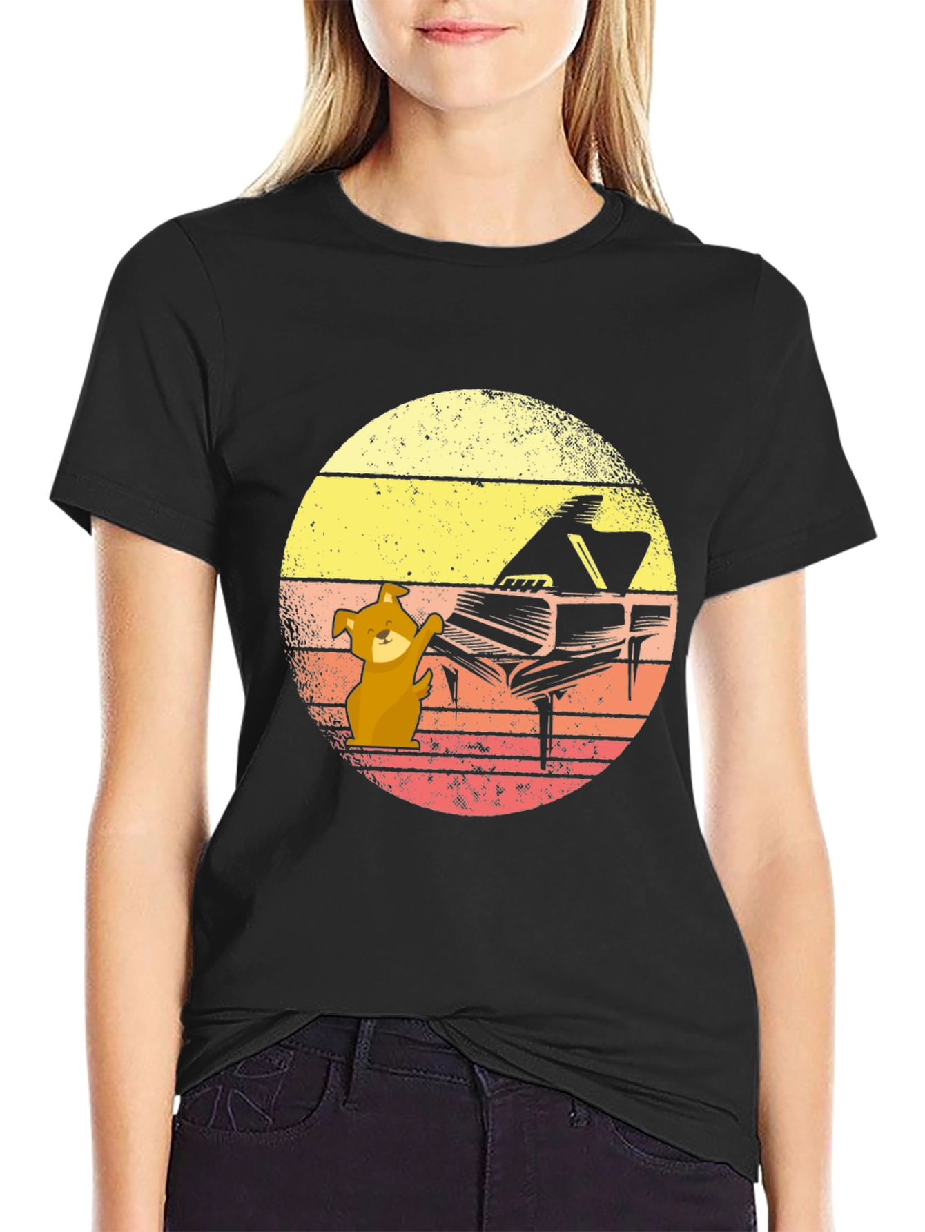 Dog Playing Piano T-Shirt - Black Novelty Tee
