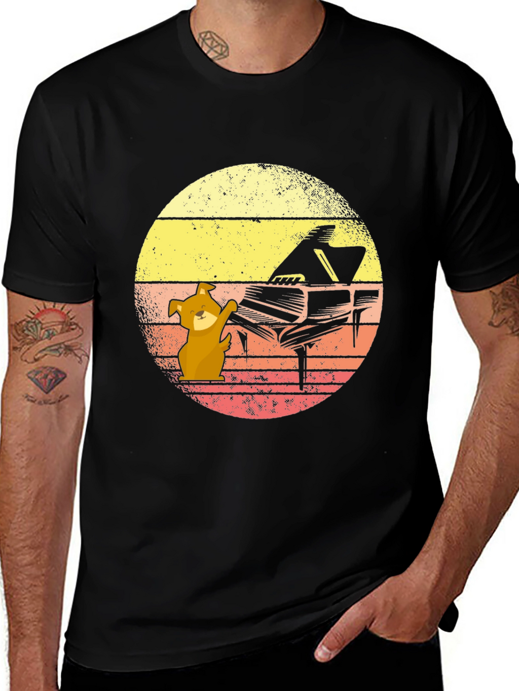 Dog Playing Piano T-Shirt - Black Novelty Tee