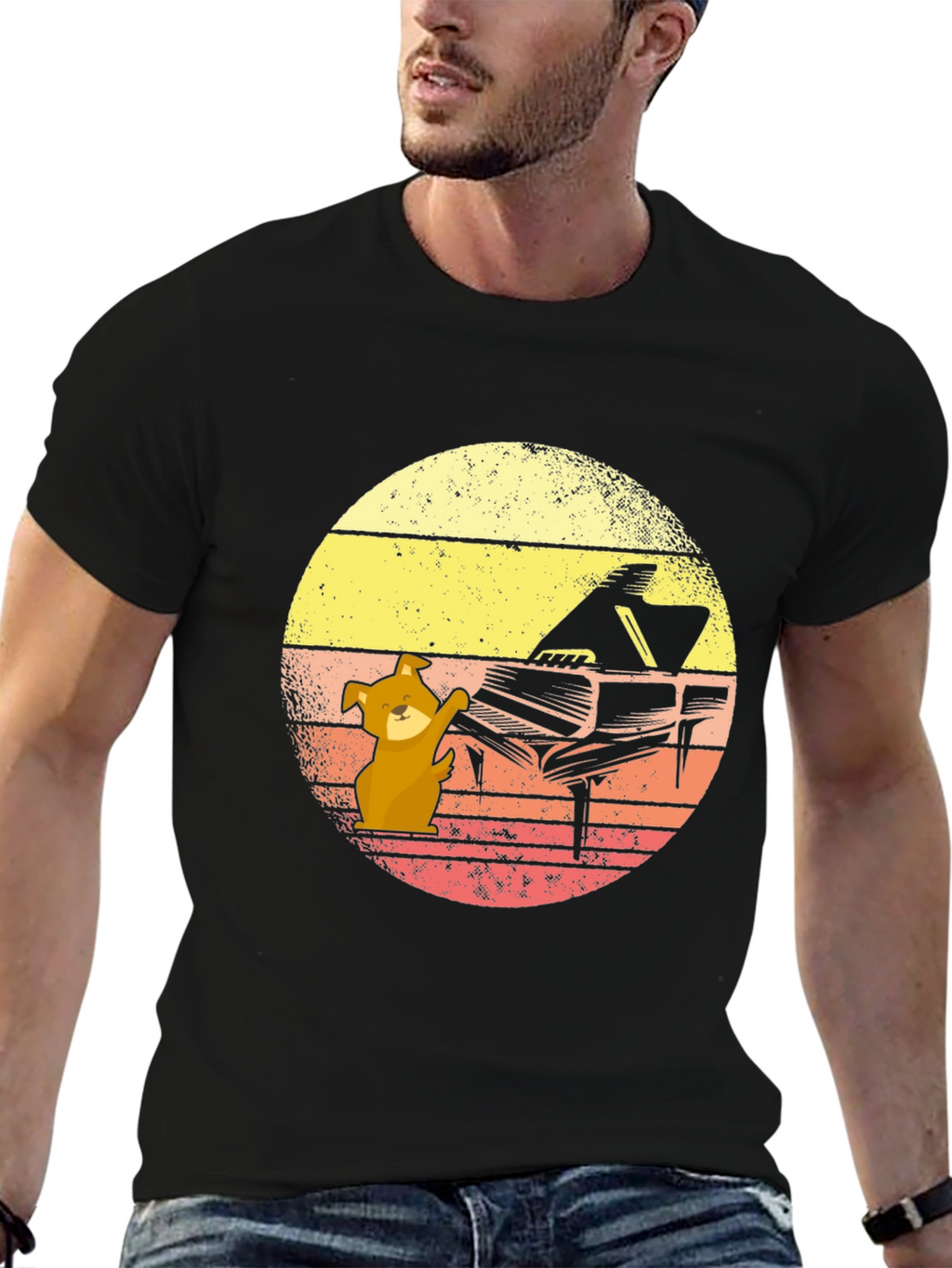 Dog Playing Piano T-Shirt - Black Novelty Tee