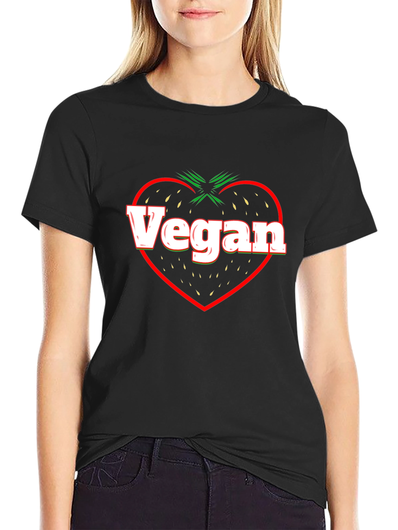 Vegan Strawberry Heart Black T-Shirt