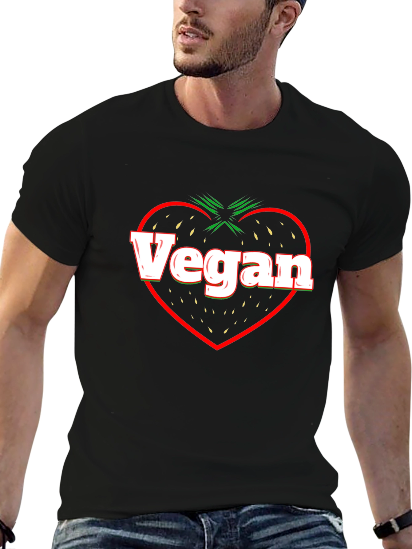 Vegan Strawberry Heart Black T-Shirt