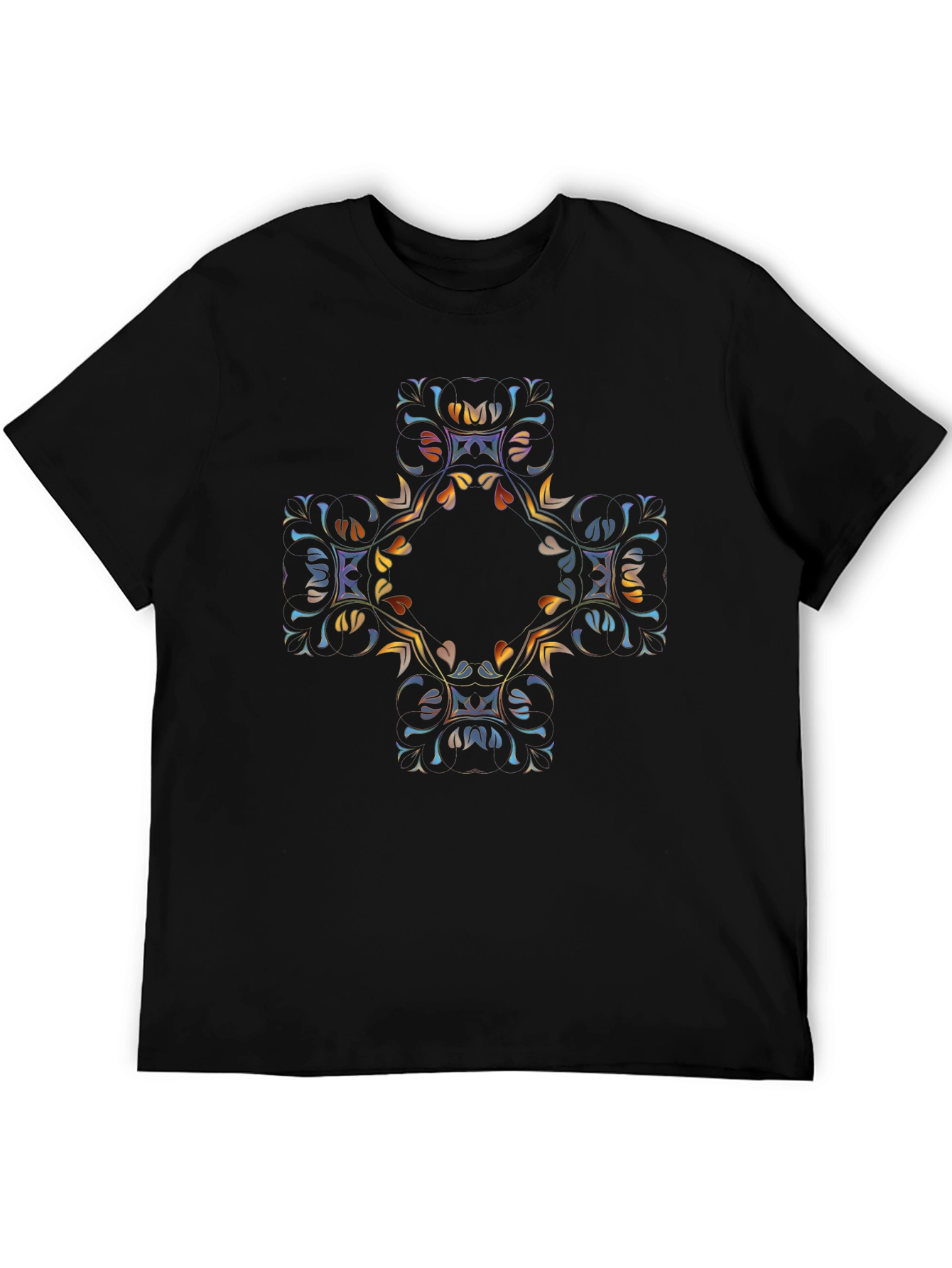 Abstract Floral Cross Graphic Black T-Shirt