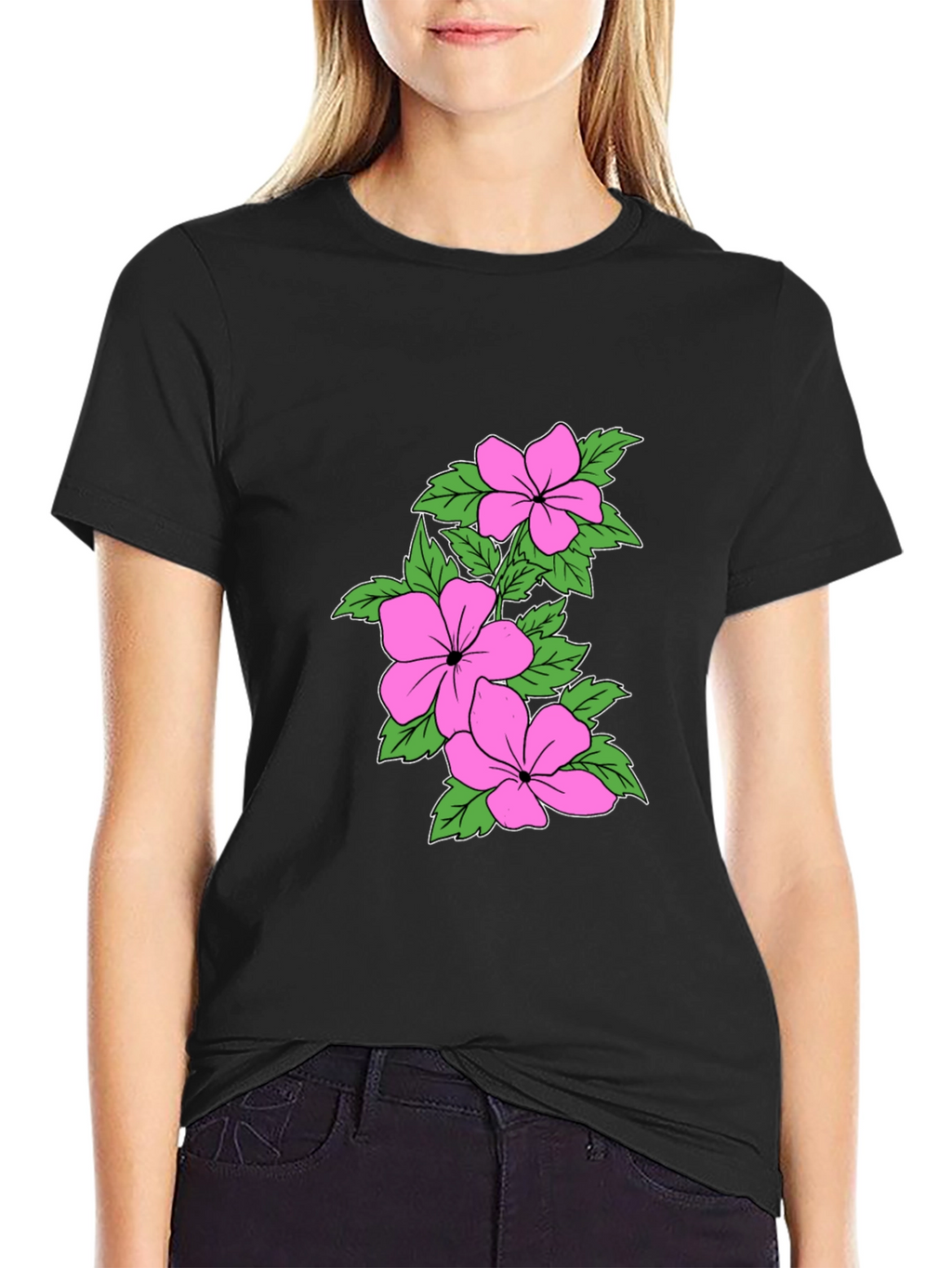 Floral Print Crew Neck T-Shirt - Black