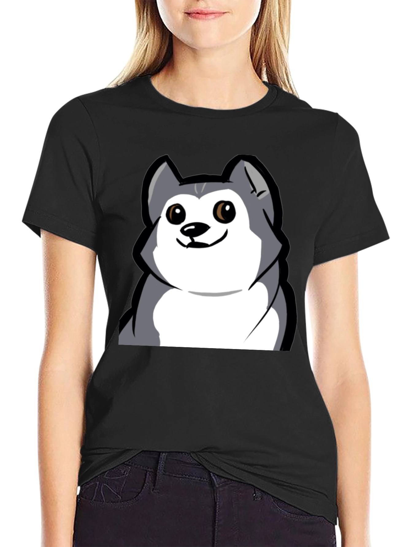 Cartoon Dog Graphic Tee - Black Cotton T-Shirt