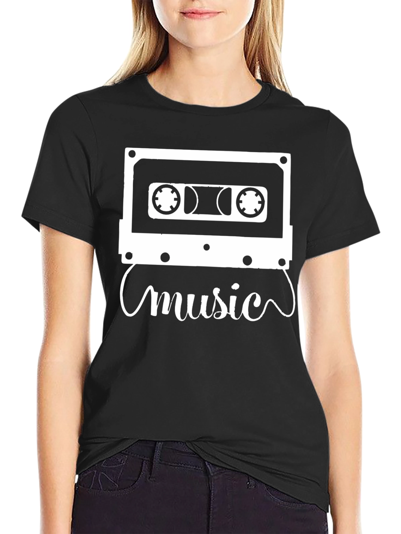 Retro Music Cassette Graphic Tee - Black